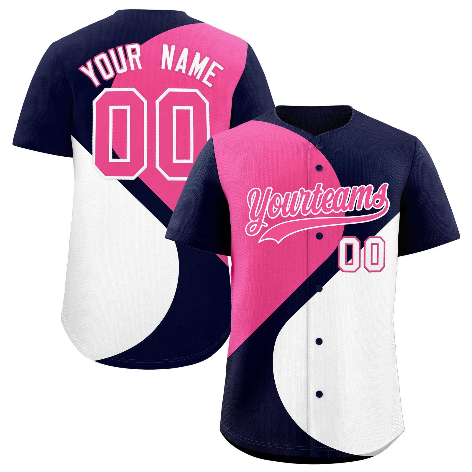 Custom Navy Pink-White Color Block Personalized Half Heart Pattern Authentic Baseball Jersey