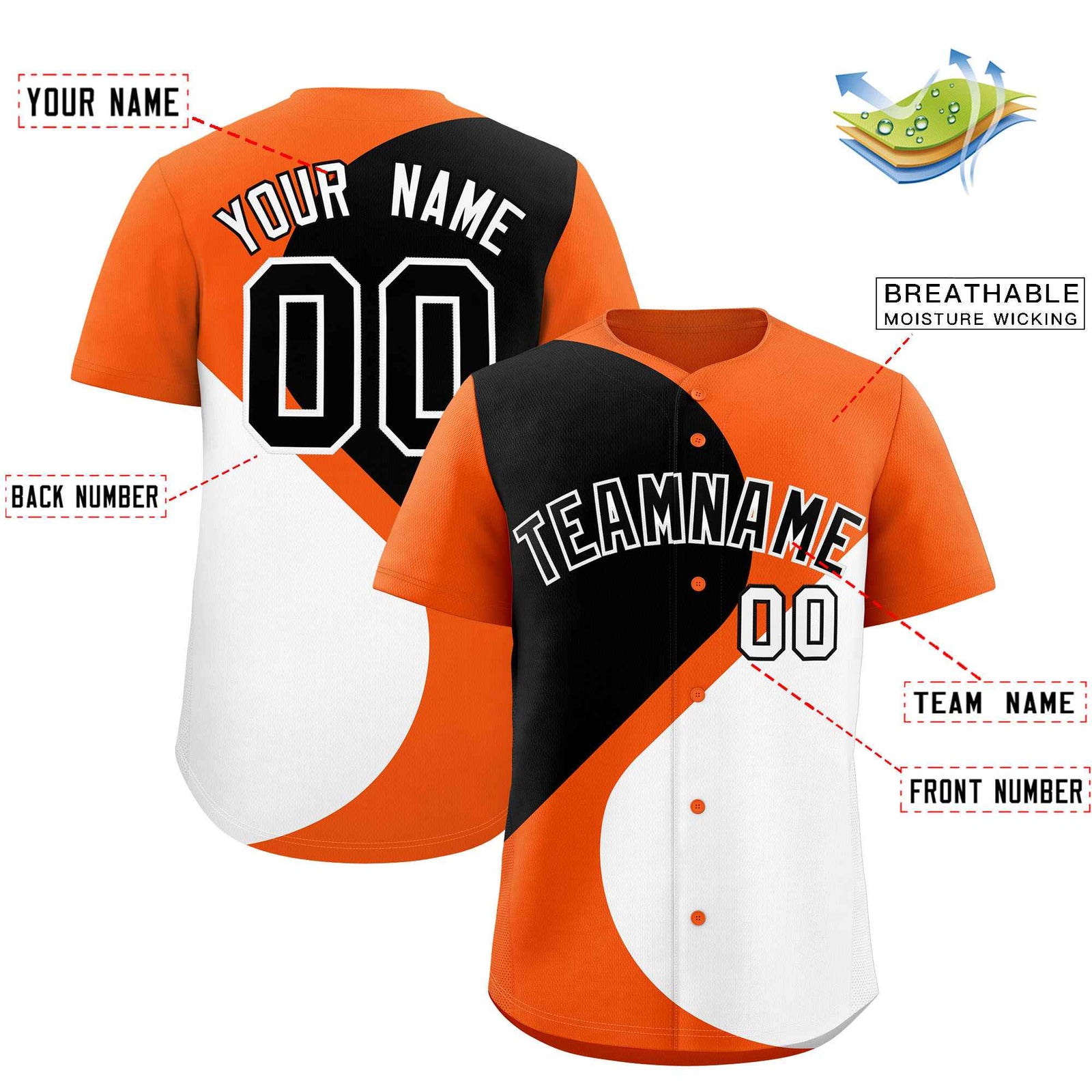 Custom Orange Black-White Color Block Personalized Half Heart Pattern Authentic Baseball Jersey
