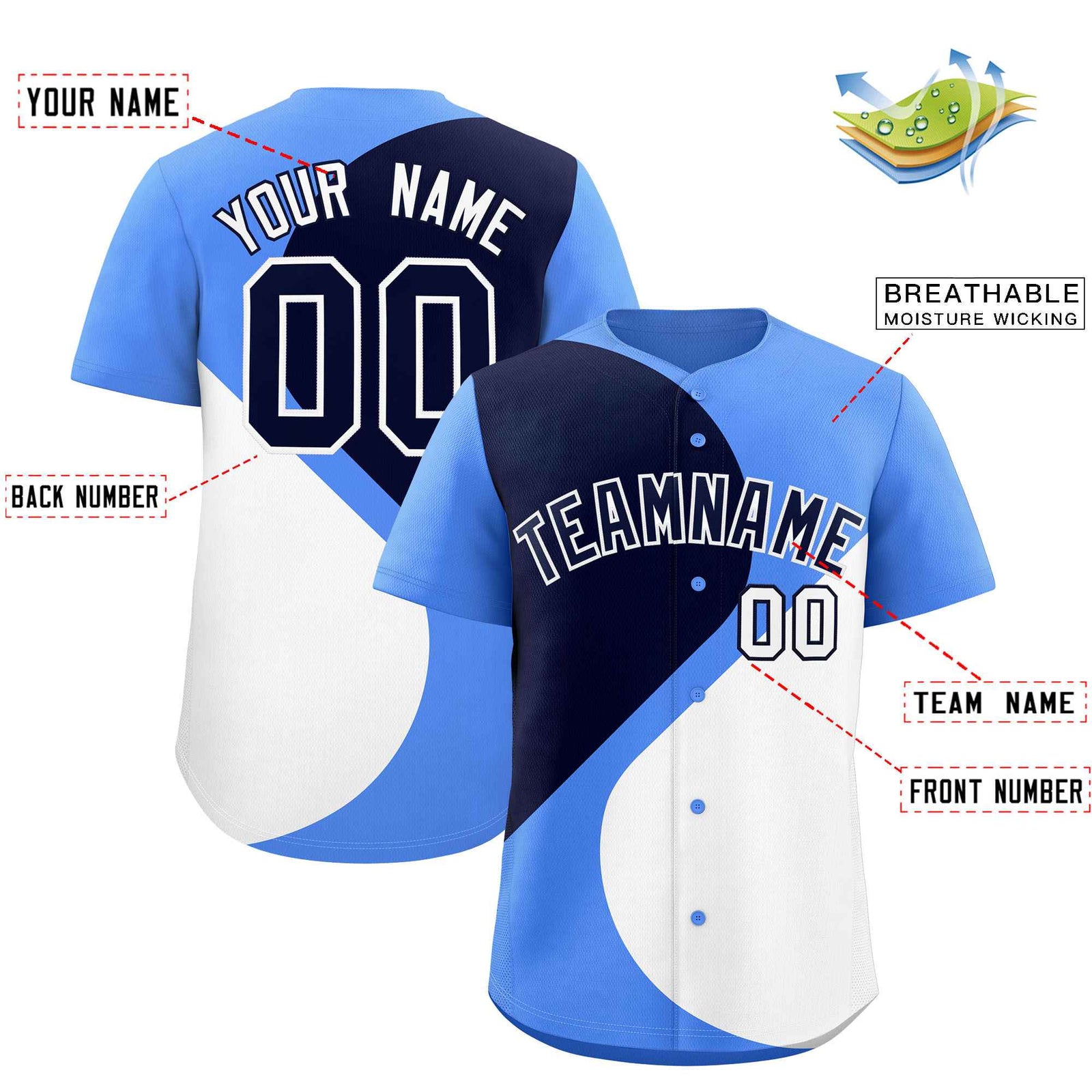 Custom Powder Blue Navy-White Color Block Personalized Half Heart Pattern Authentic Baseball Jersey