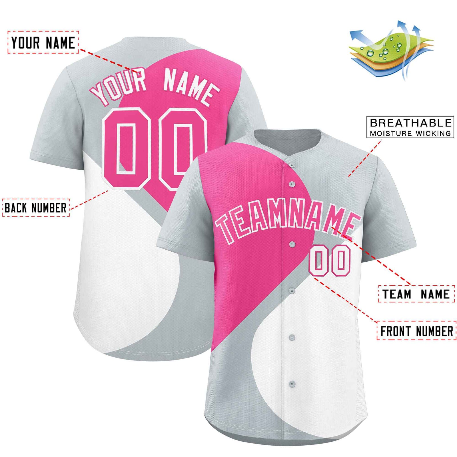 Custom Silver Pink-White Color Block Personalized Half Heart Pattern Authentic Baseball Jersey