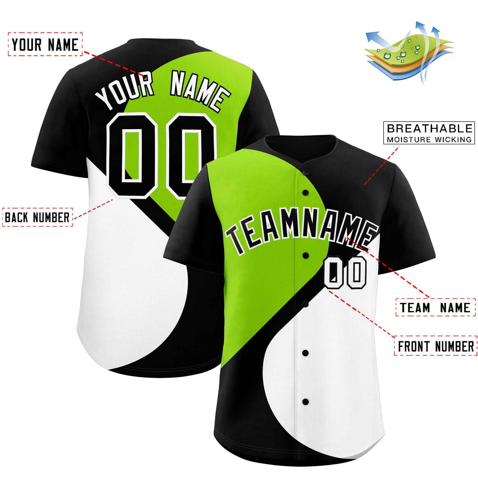 Custom Black Neon Green-White Color Block Personalized Half Heart Pattern Authentic Baseball Jersey