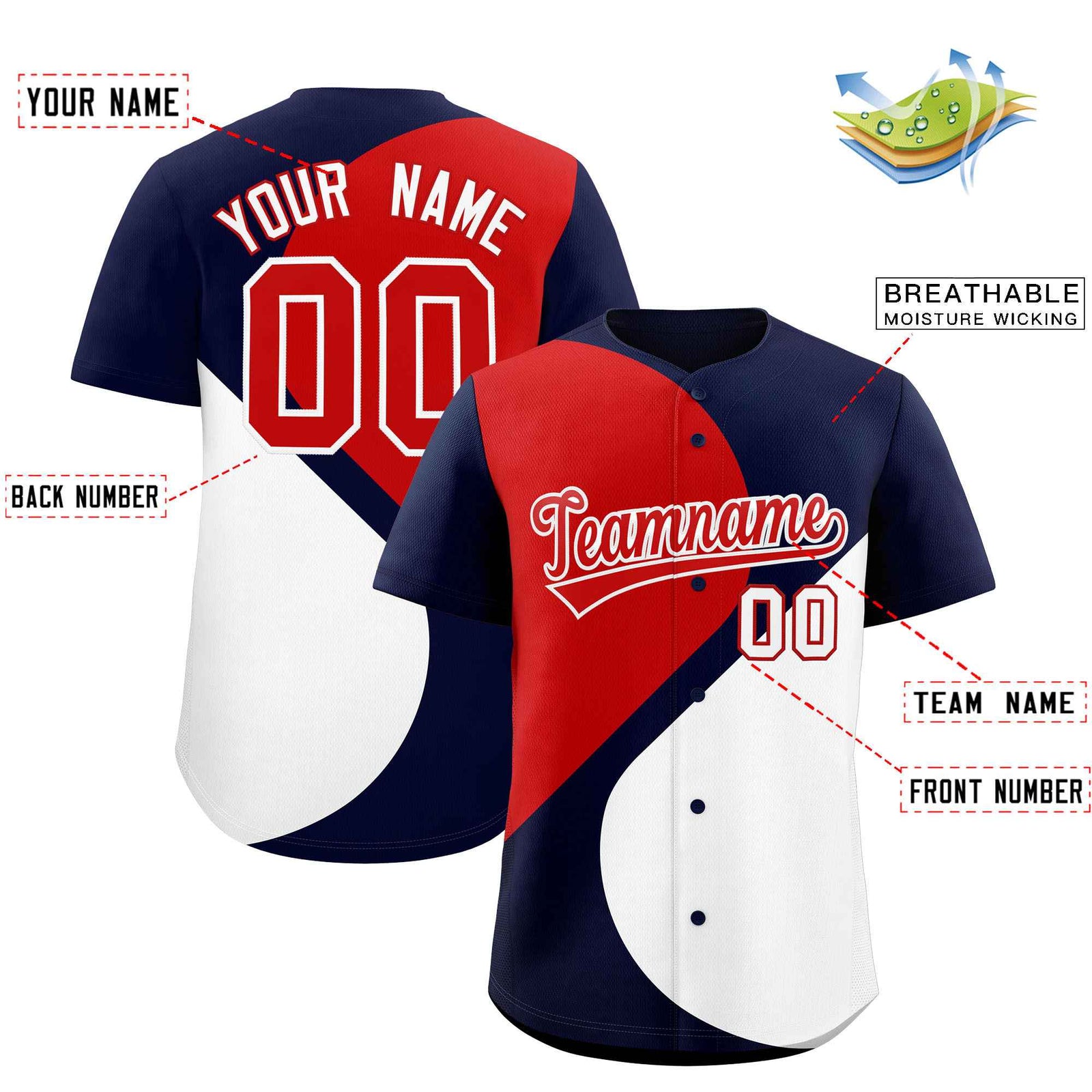 Custom Navy Red-White Color Block Personalized Half Heart Pattern Authentic Baseball Jersey