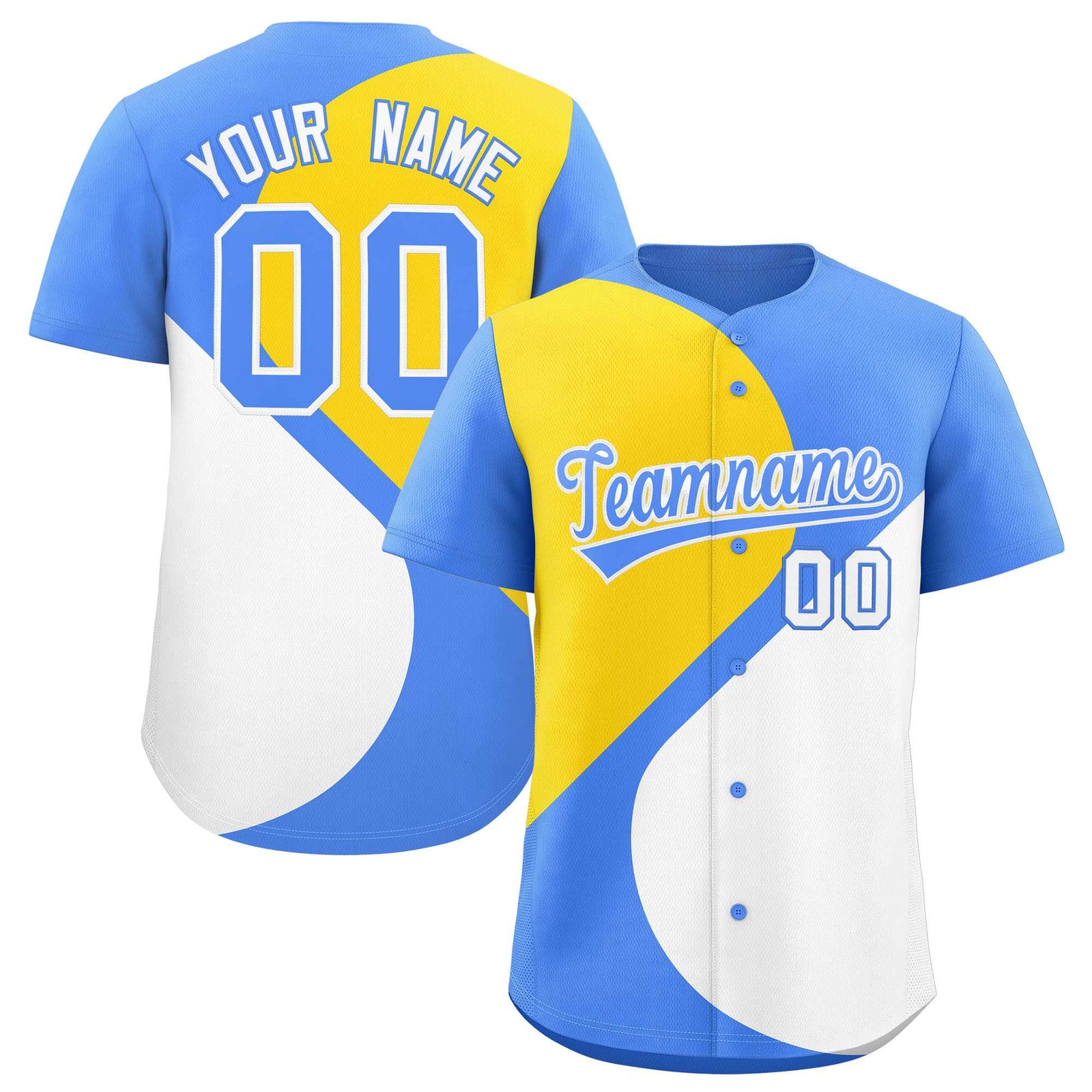 Custom Powder Blue Gold-White Color Block Personalized Half Heart Pattern Authentic Baseball Jersey