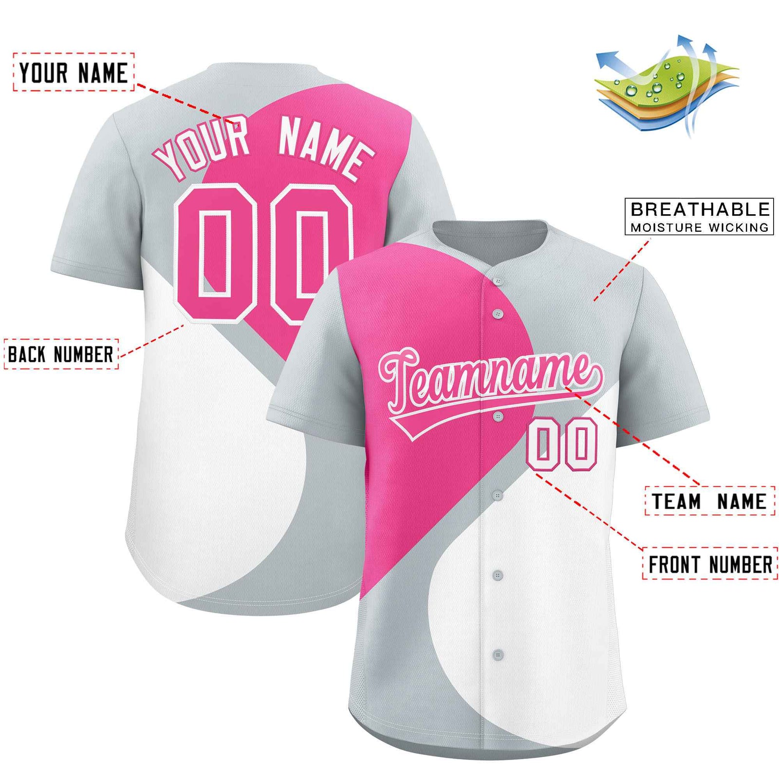 Custom Silver Pink-White Color Block Personalized Half Heart Pattern Authentic Baseball Jersey
