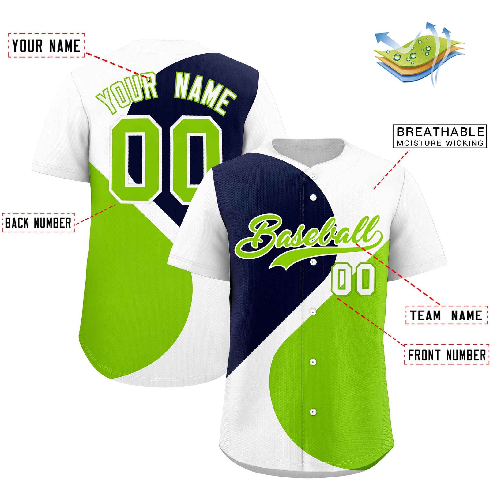 Custom White Navy-Neon Green Color Block Personalized Half Heart Pattern Authentic Baseball Jersey