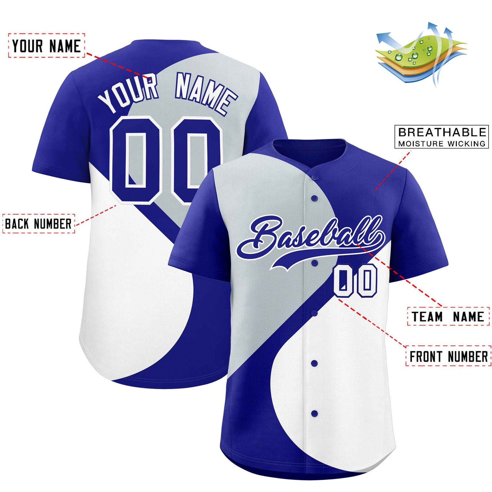 Custom Royal Silver-White Color Block Personalized Half Heart Pattern Authentic Baseball Jersey