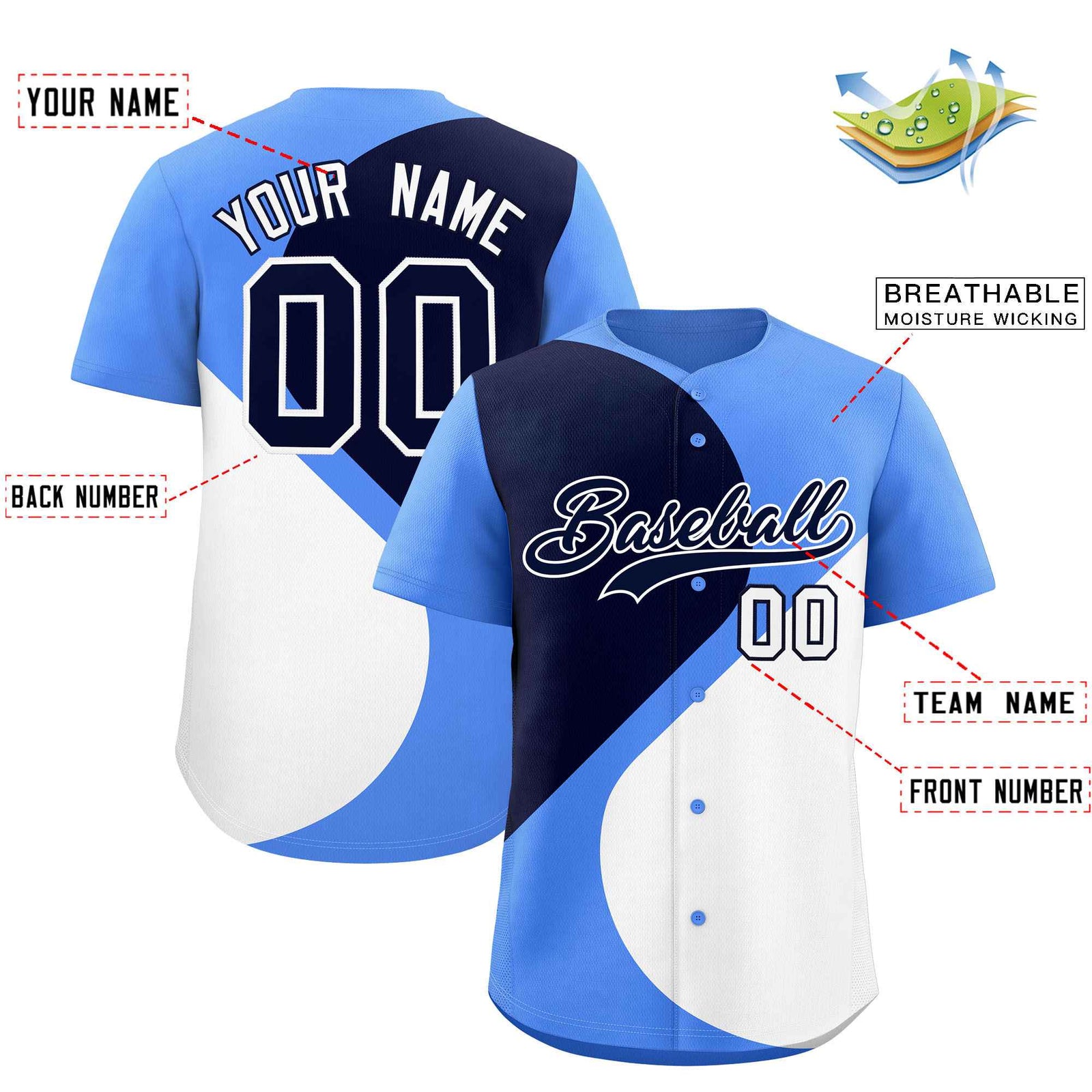 Custom Powder Blue Navy-White Color Block Personalized Half Heart Pattern Authentic Baseball Jersey