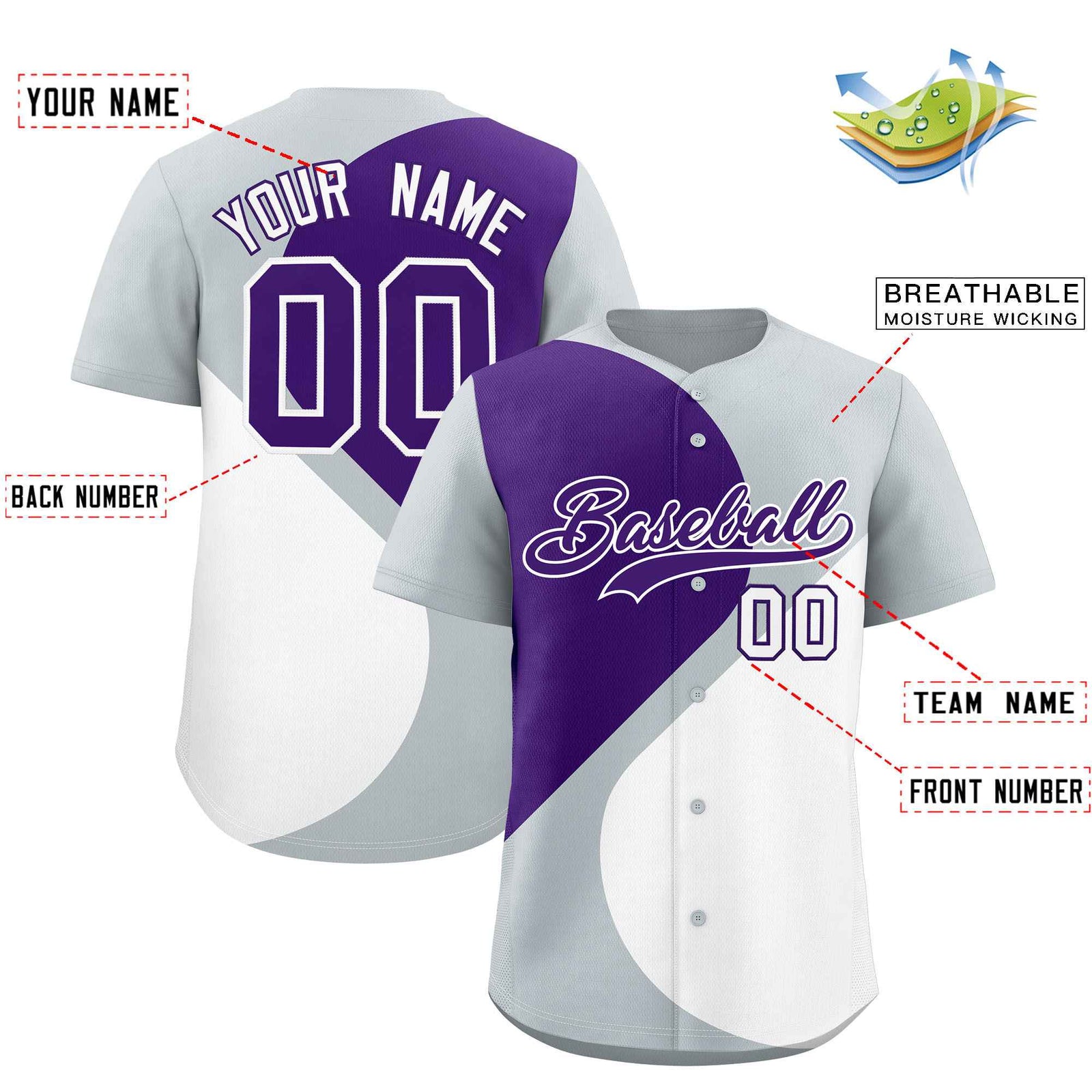 Custom Silver Purple-White Color Block Personalized Half Heart Pattern Authentic Baseball Jersey