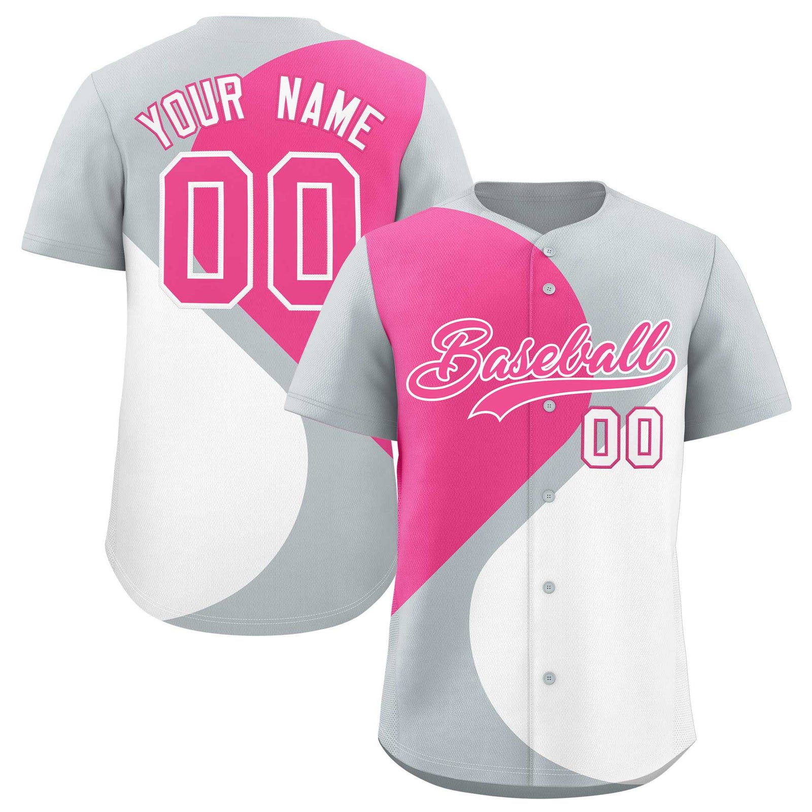 Custom Silver Pink-White Color Block Personalized Half Heart Pattern Authentic Baseball Jersey
