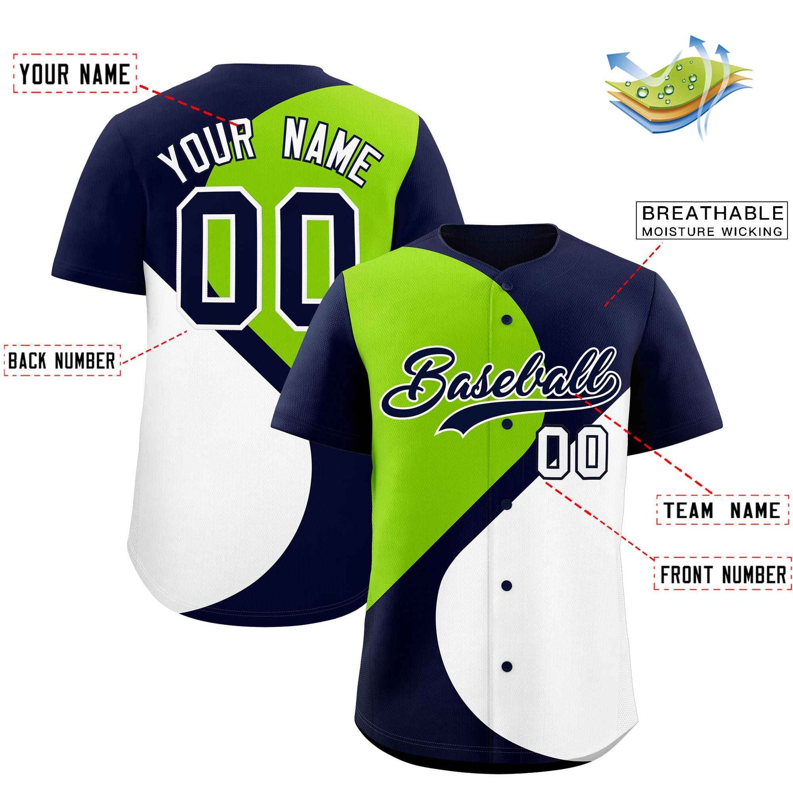 Custom Navy Neon Green-White Color Block Personalized Half Heart Pattern Authentic Baseball Jersey