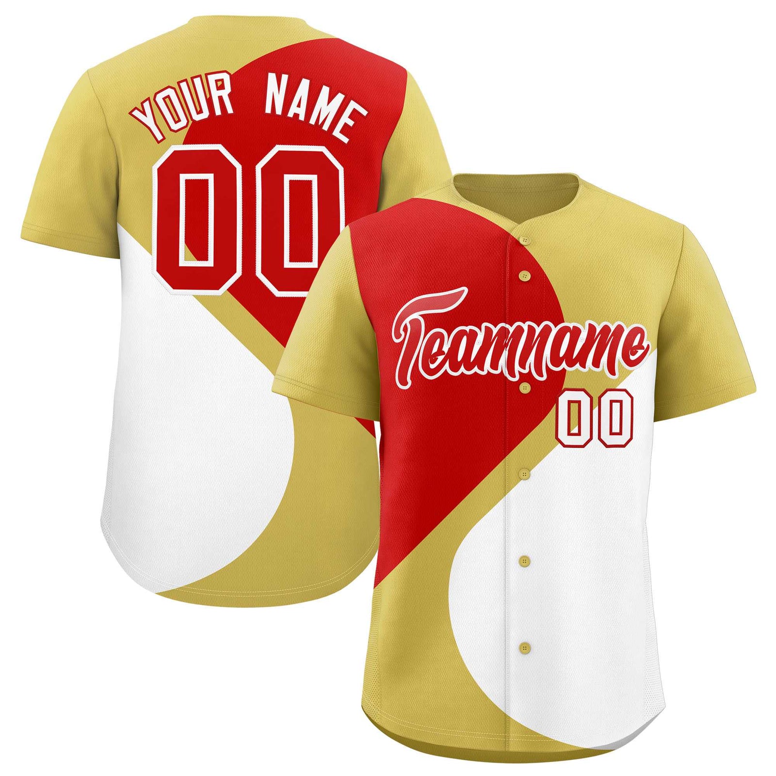 Custom Old Gold Red-White Color Block Personalized Half Heart Pattern Authentic Baseball Jersey