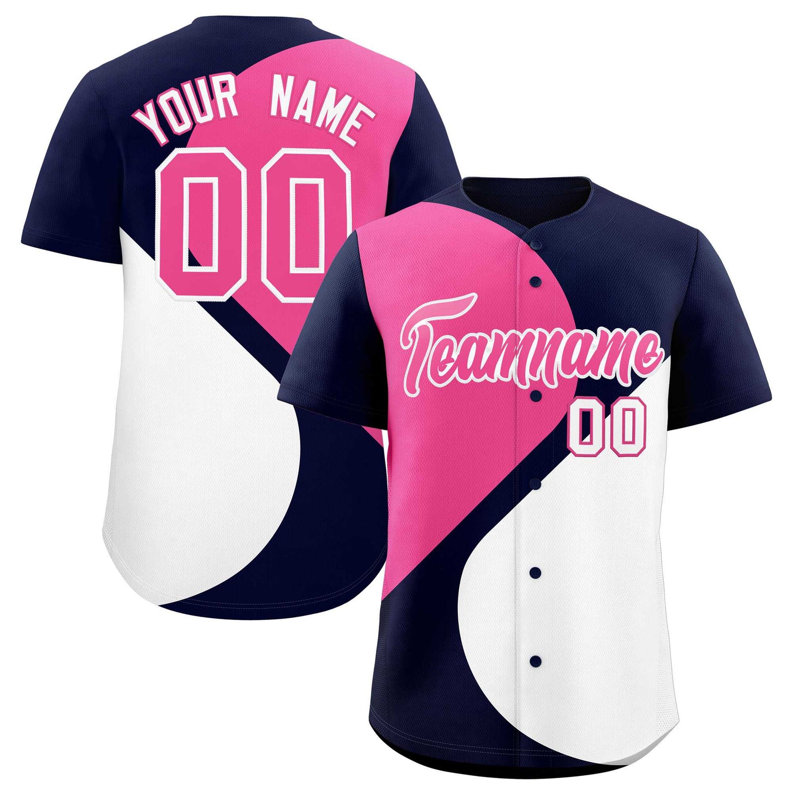 Custom Navy Pink-White Color Block Personalized Half Heart Pattern Authentic Baseball Jersey