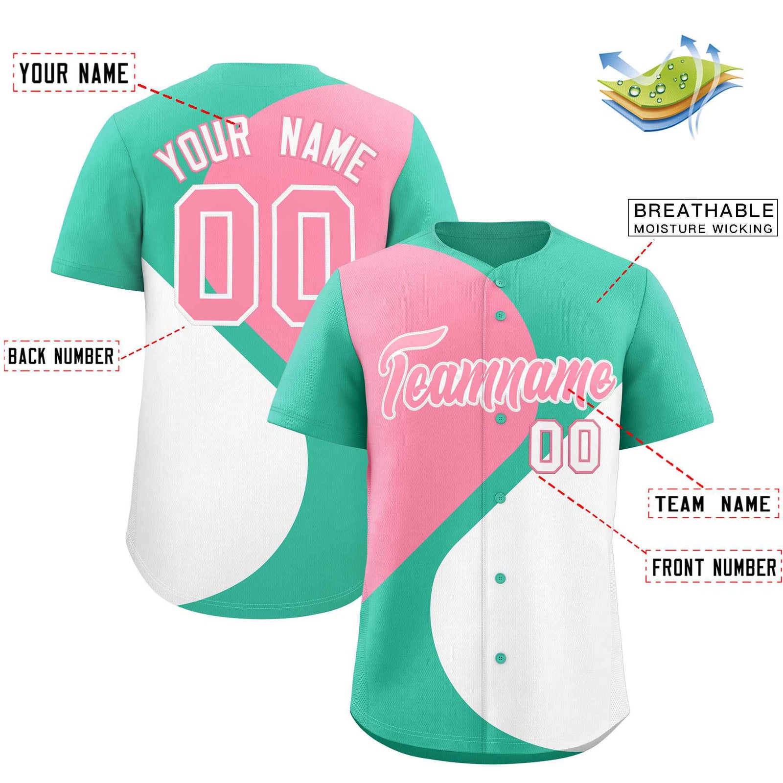 Custom Bright Green Light Pink-White Color Block Personalized Half Heart Pattern Authentic Baseball Jersey