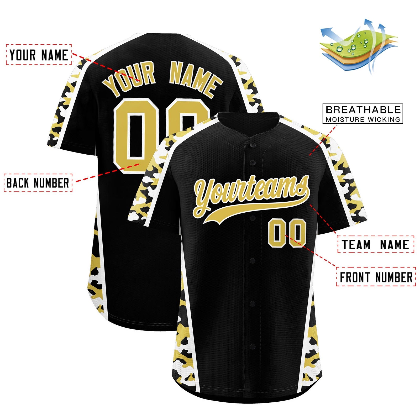 Custom Black Old Gold Side Camo Style Personalization Baseball Jersey| KXKSHOP