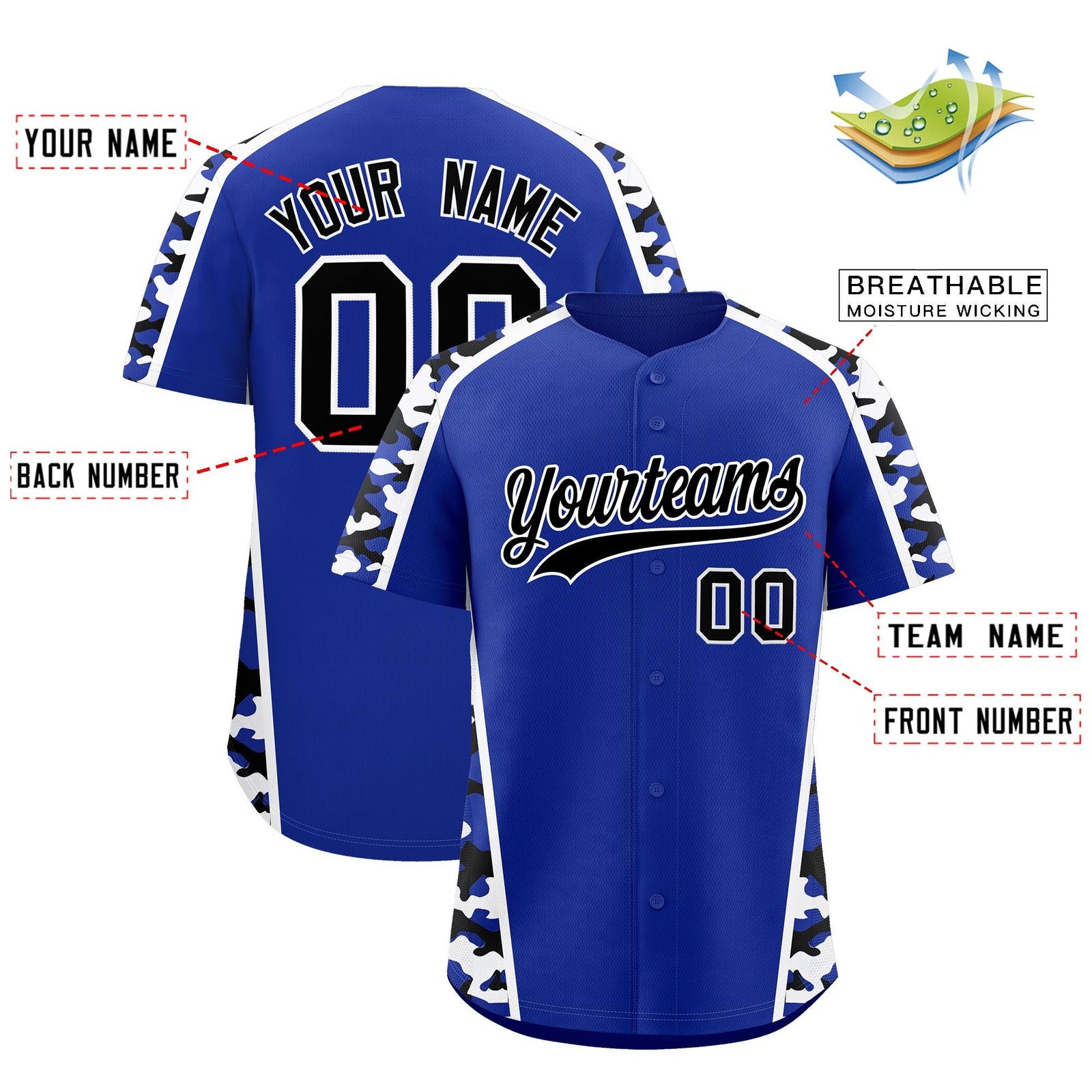 Custom Royal Blue Black Side Camo Style Personalization Baseball Jersey| KXKSHOP