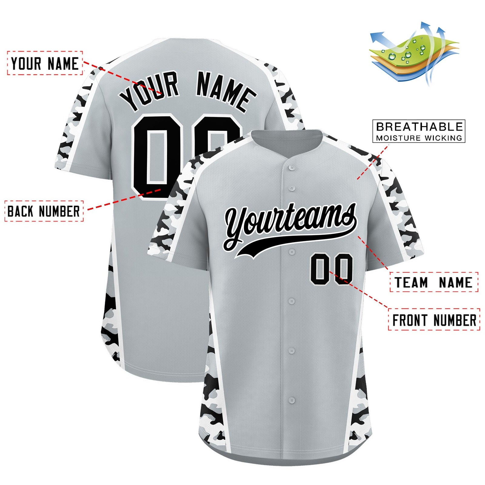 Custom Silver Black Side Camo Style Personalization Baseball Jersey| KXKSHOP