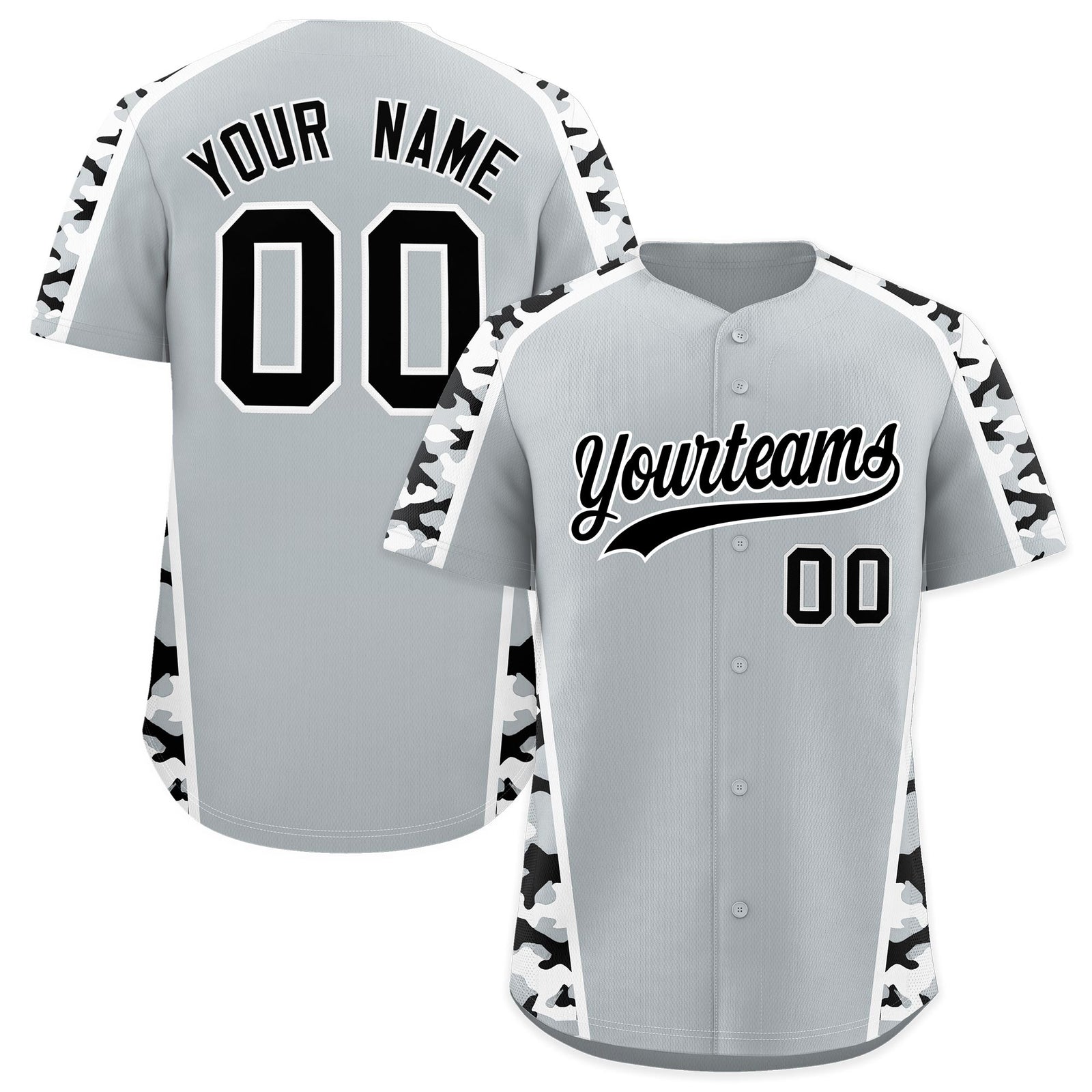 Custom Silver Black Side Camo Style Personalization Baseball Jersey| KXKSHOP