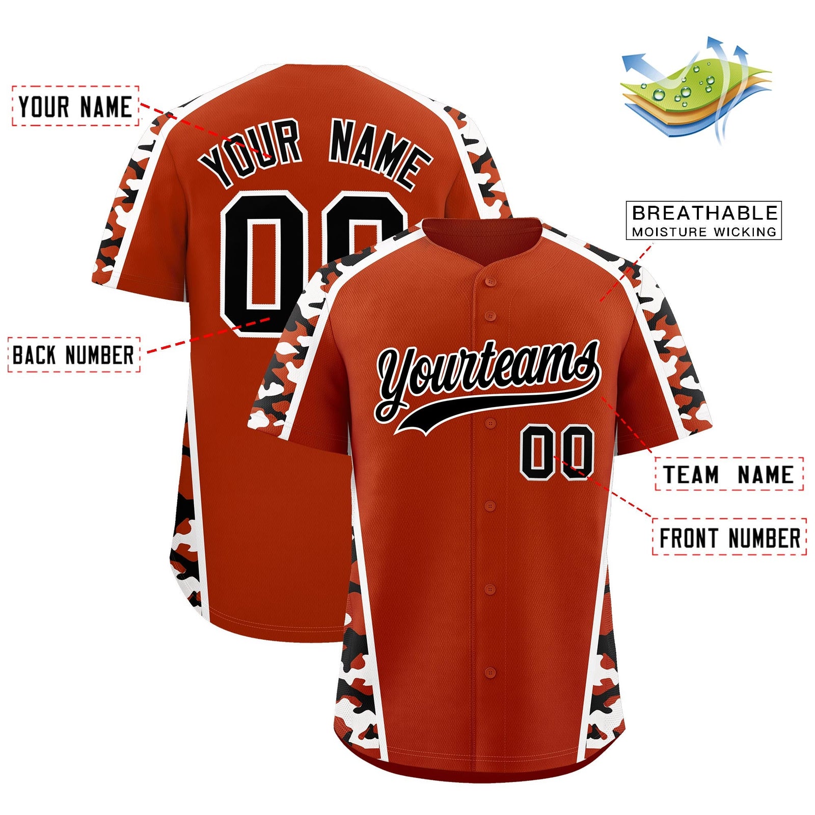 Custom Dark Orange Black Side Camo Style Personalization Baseball Jersey| KXKSHOP