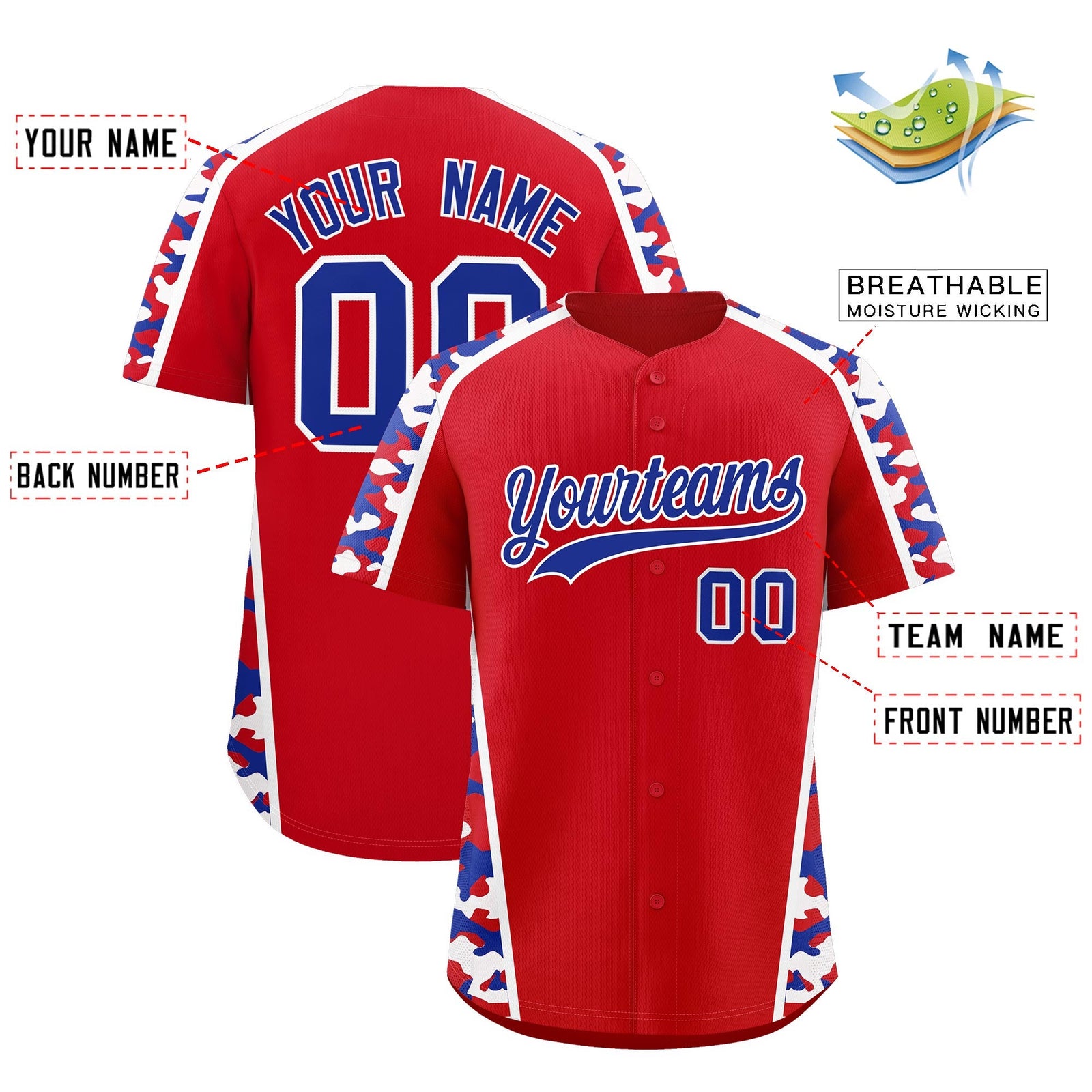 Custom Red Royal Blue Side Camo Style Personalization Baseball Jersey| KXKSHOP