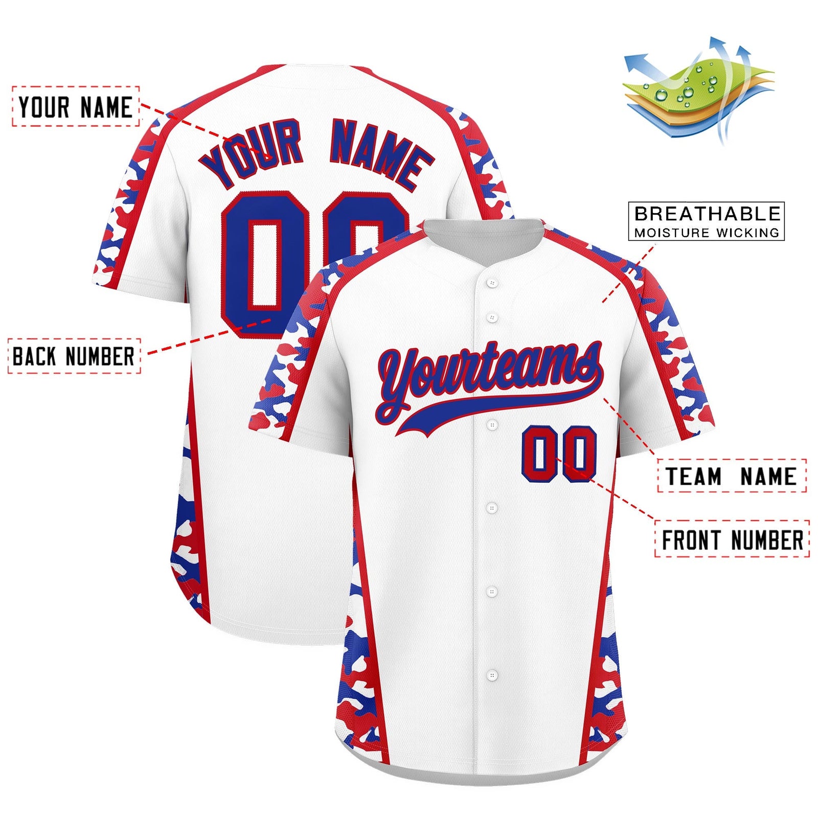 Custom White Royal Blue Side Camo Style Personalization Baseball Jersey| KXKSHOP