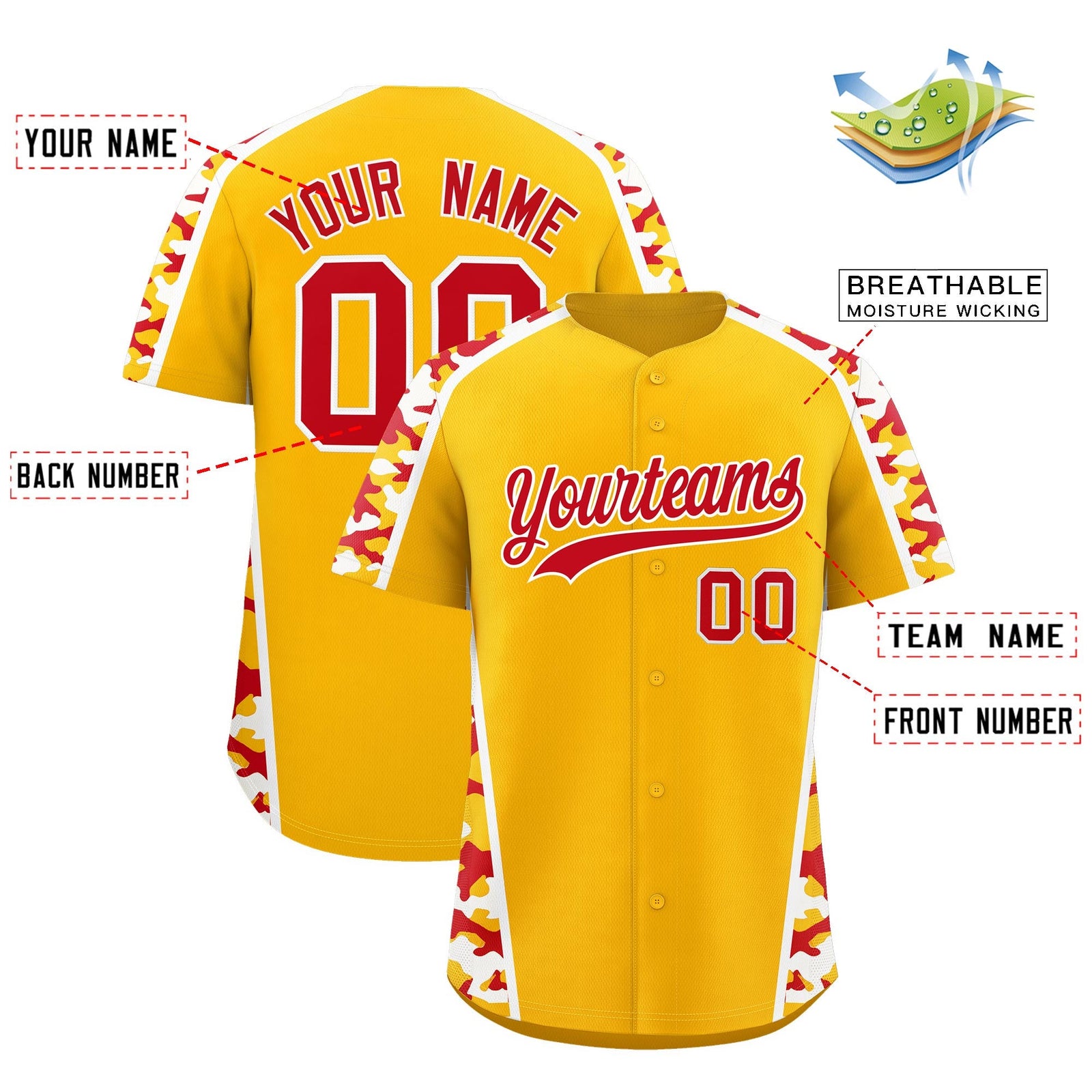 Custom Yellow Red Side Camo Style Personalization Baseball Jersey| KXKSHOP