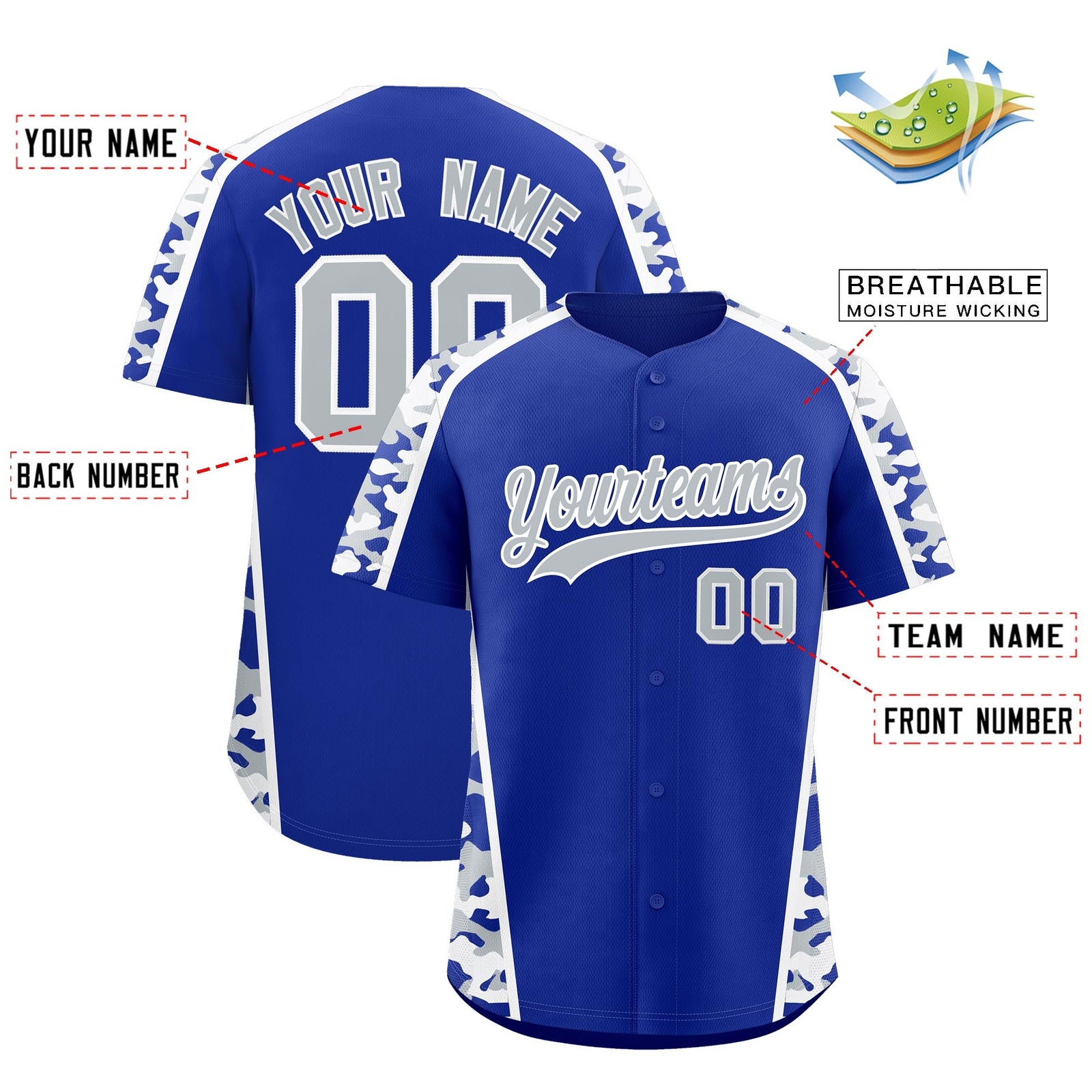 Custom Royal Blue Silver Side Camo Style Personalization Baseball Jersey| KXKSHOP