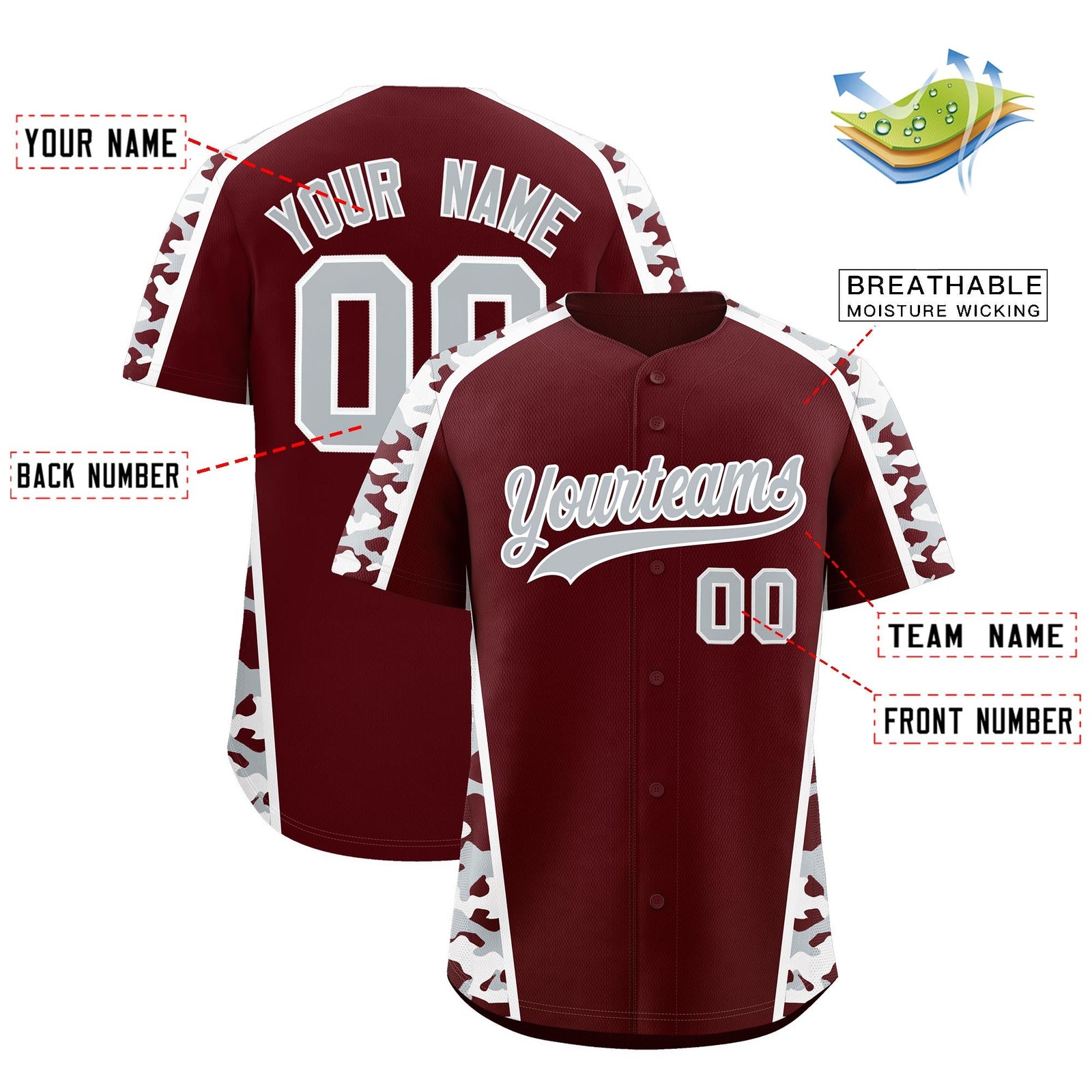 Custom Burgundy Silver Side Camo Style Personalization Baseball Jersey| KXKSHOP