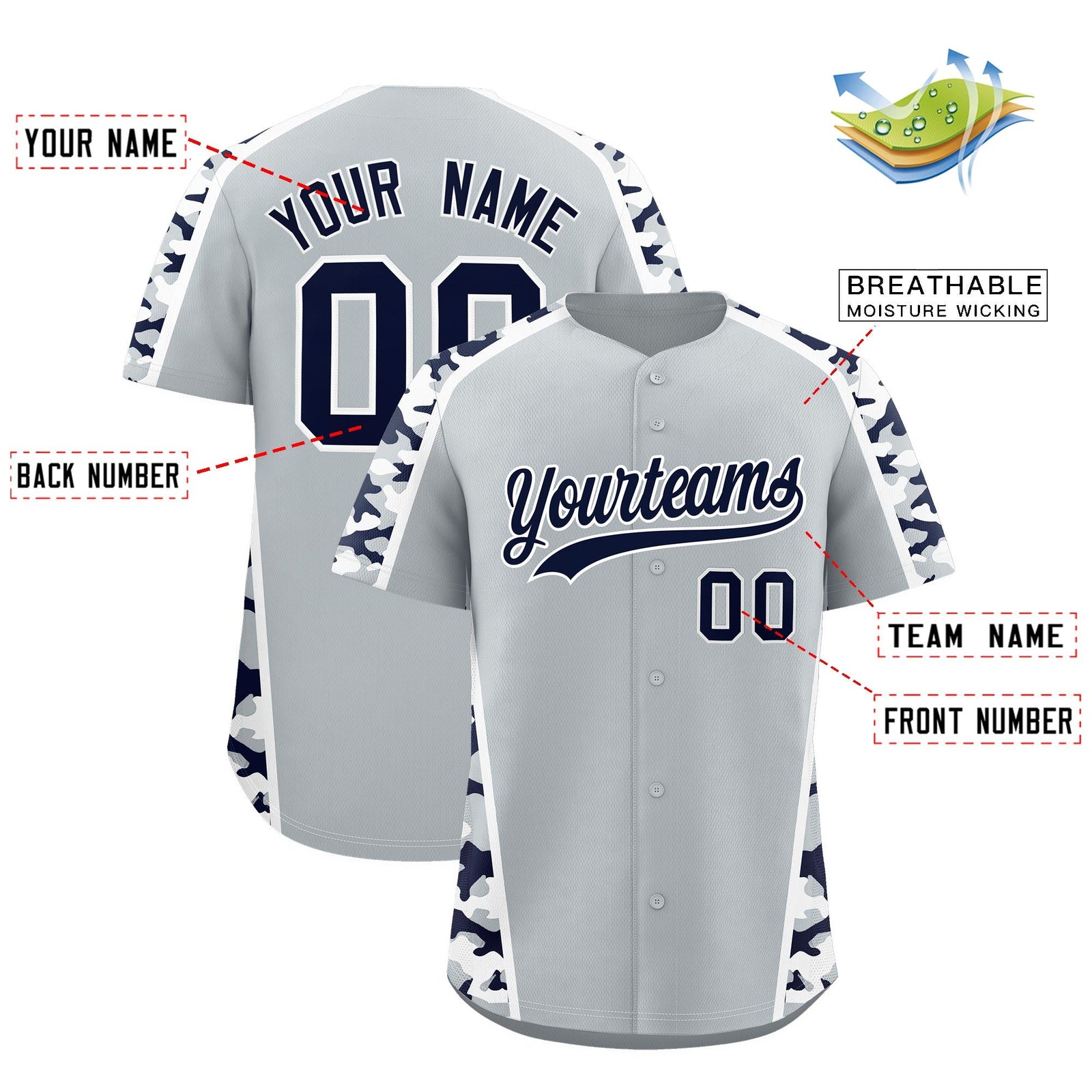 Custom Silver Navy Side Camo Style Personalization Baseball Jersey| KXKSHOP