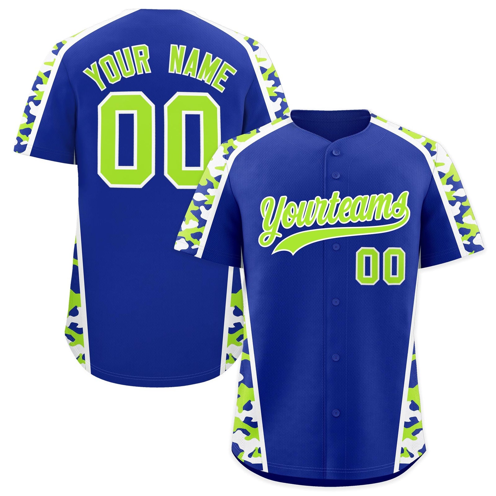 Custom Royal Blue Neon Green Side Camo Style Personalization Baseball Jersey| KXKSHOP