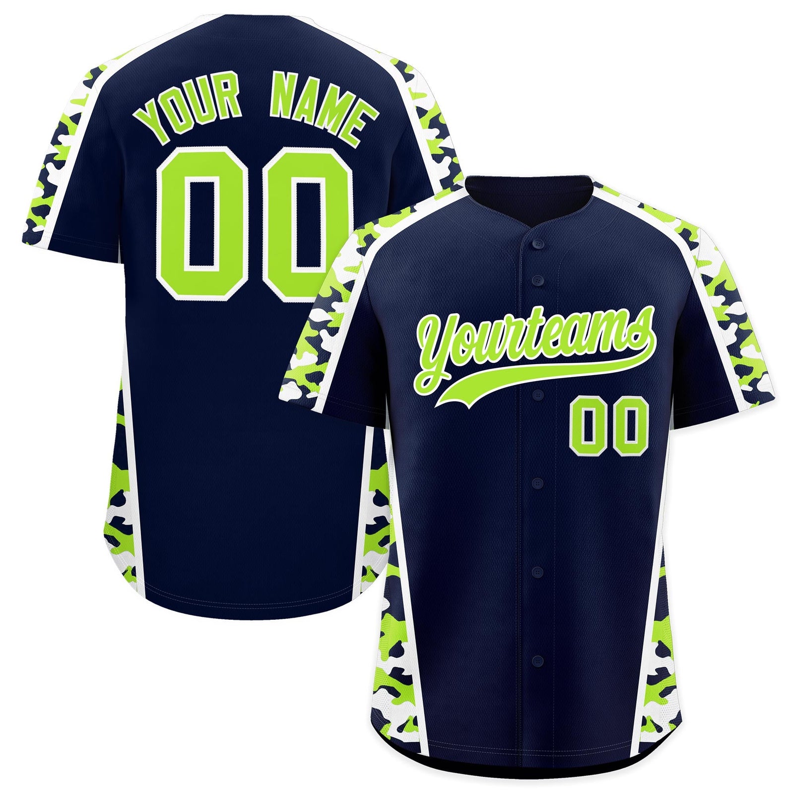 Custom Navy Neon Green Side Camo Style Personalization Baseball Jersey| KXKSHOP