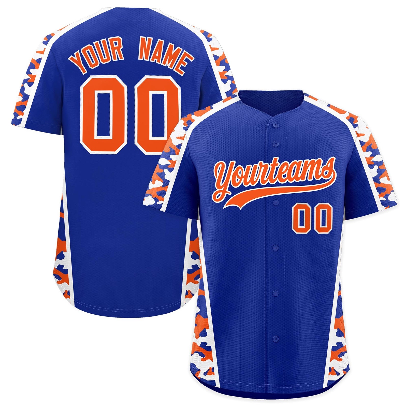 Custom Royal Blue Orange Side Camo Style Personalization Baseball Jersey| KXKSHOP