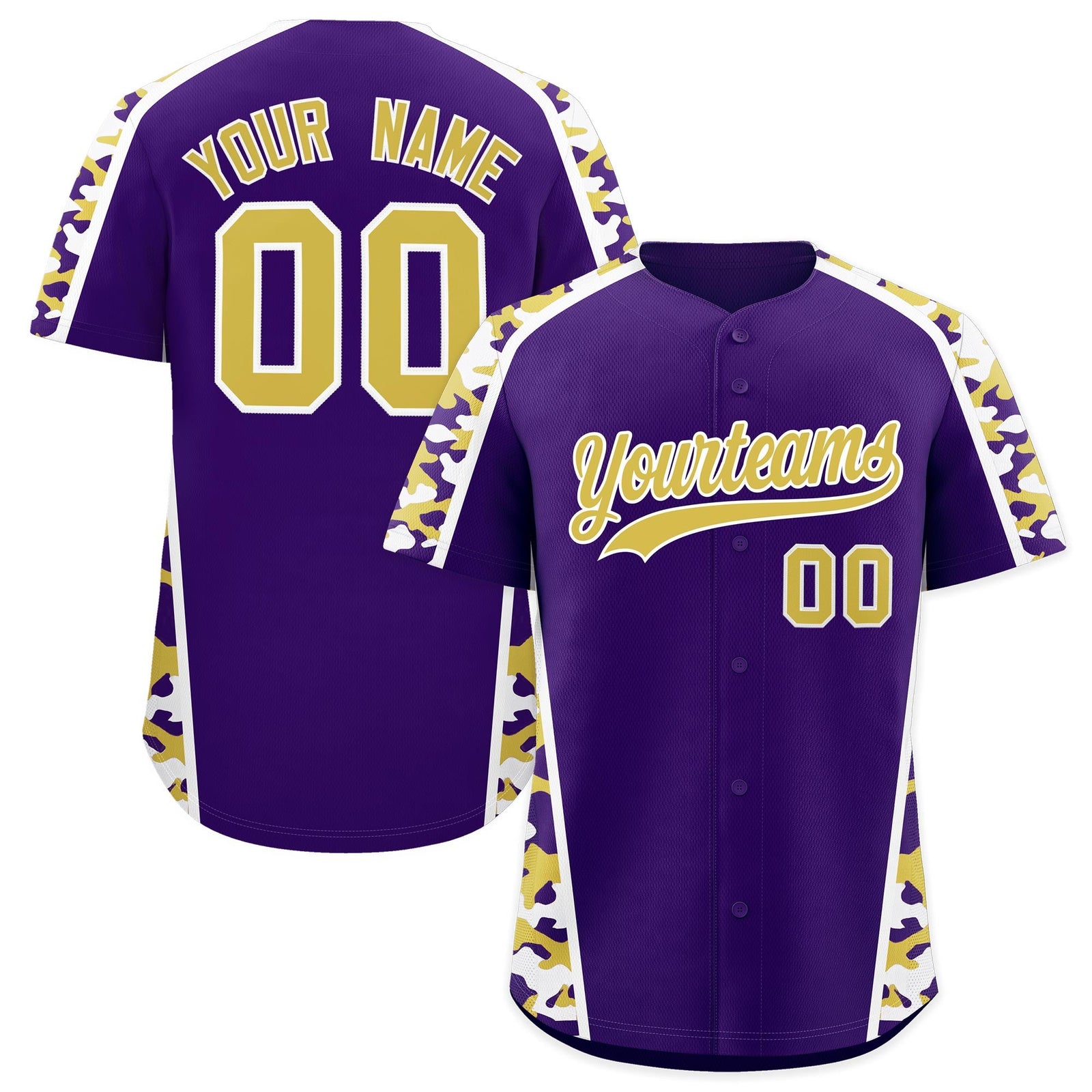 Custom Purple Old Gold Side Camo Style Personalization Baseball Jersey| KXKSHOP