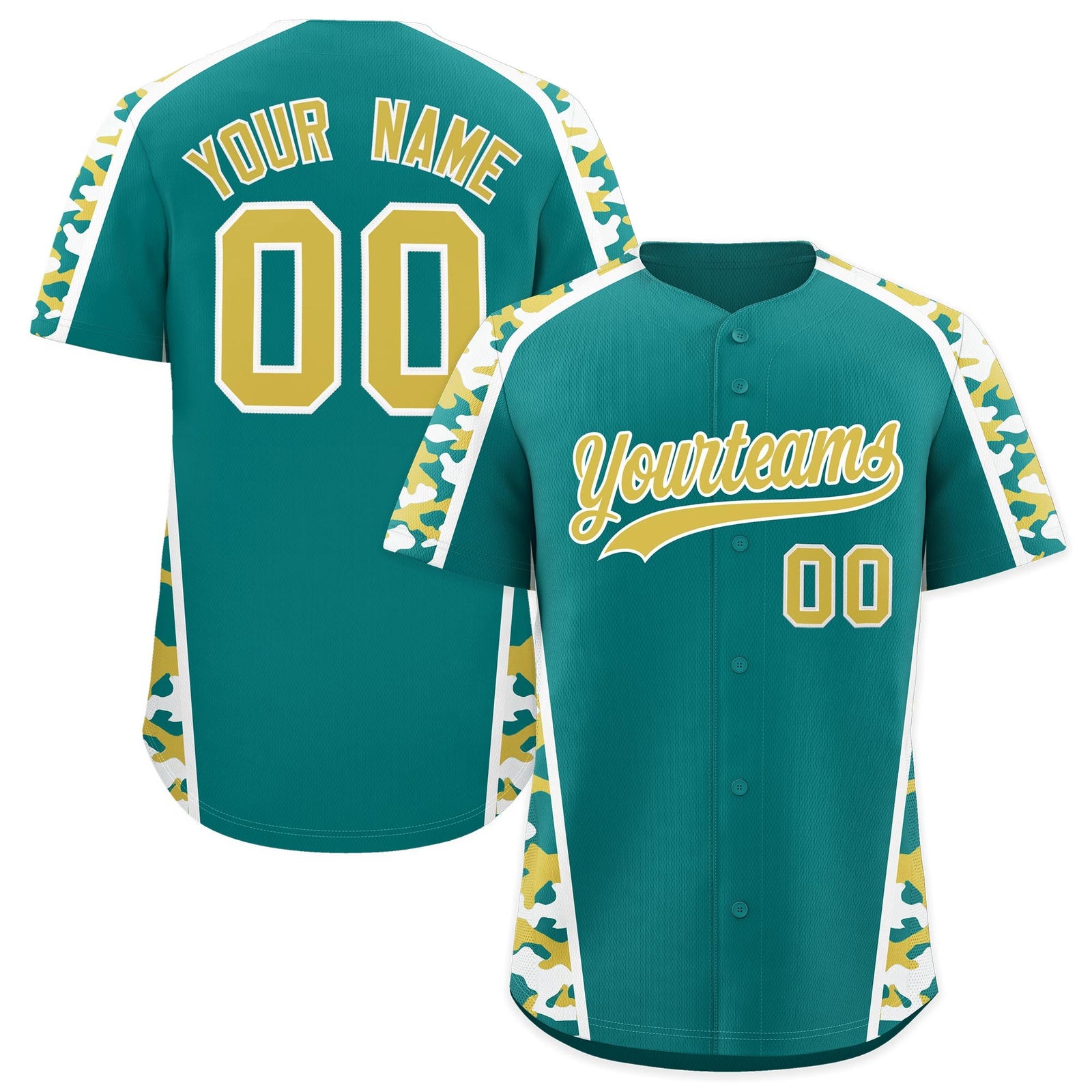 Custom Teal Old Gold Side Camo Style Personalization Baseball Jersey| KXKSHOP