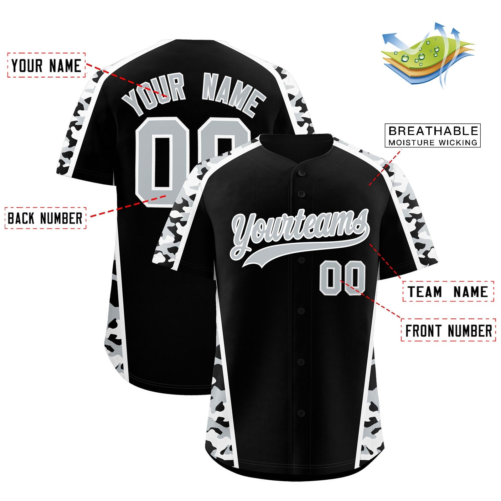 Custom Black Silver Side Camo Style Personalization Baseball Jersey| KXKSHOP