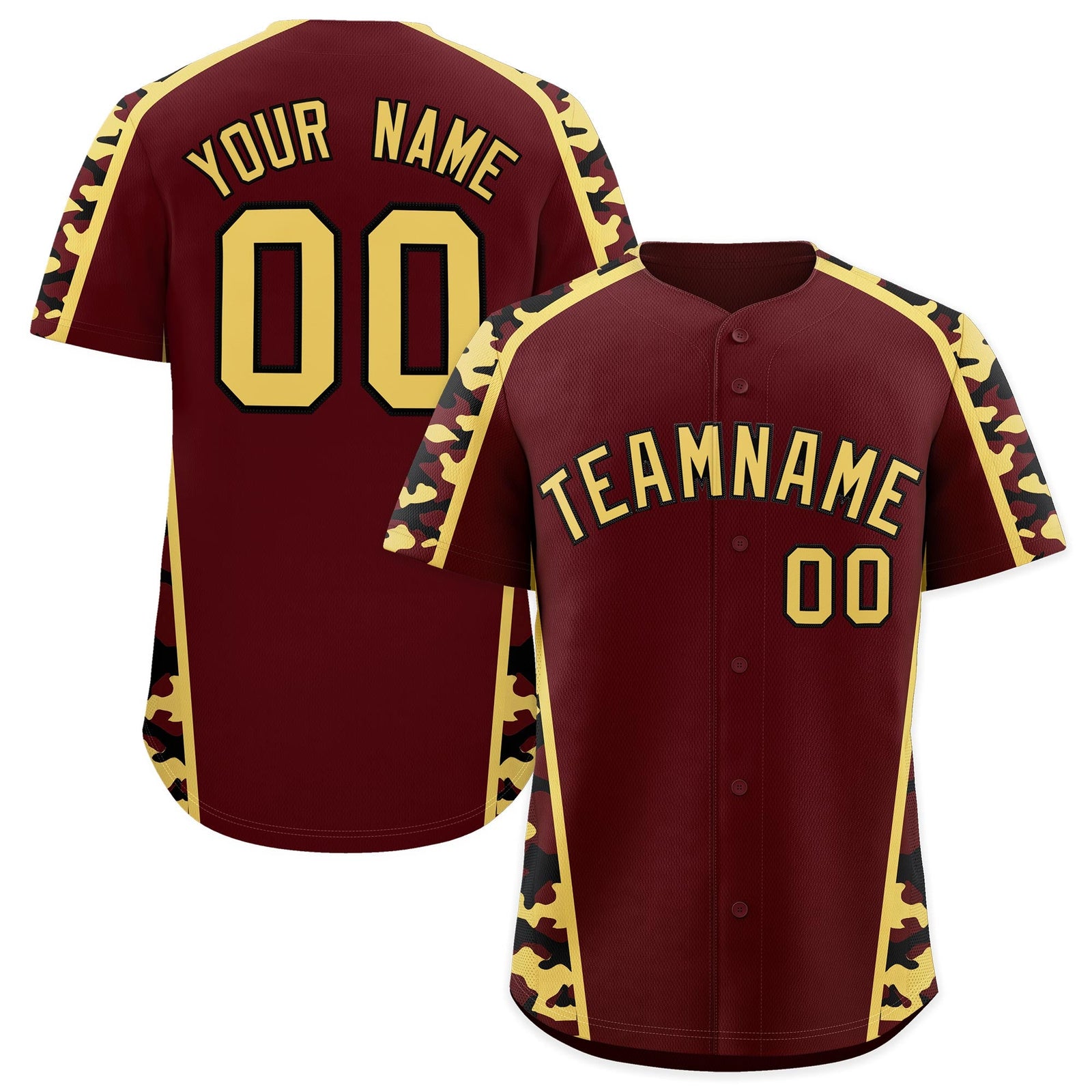 Custom Burgundy Khaki Side Camo Style Personalization Baseball Jersey| KXKSHOP