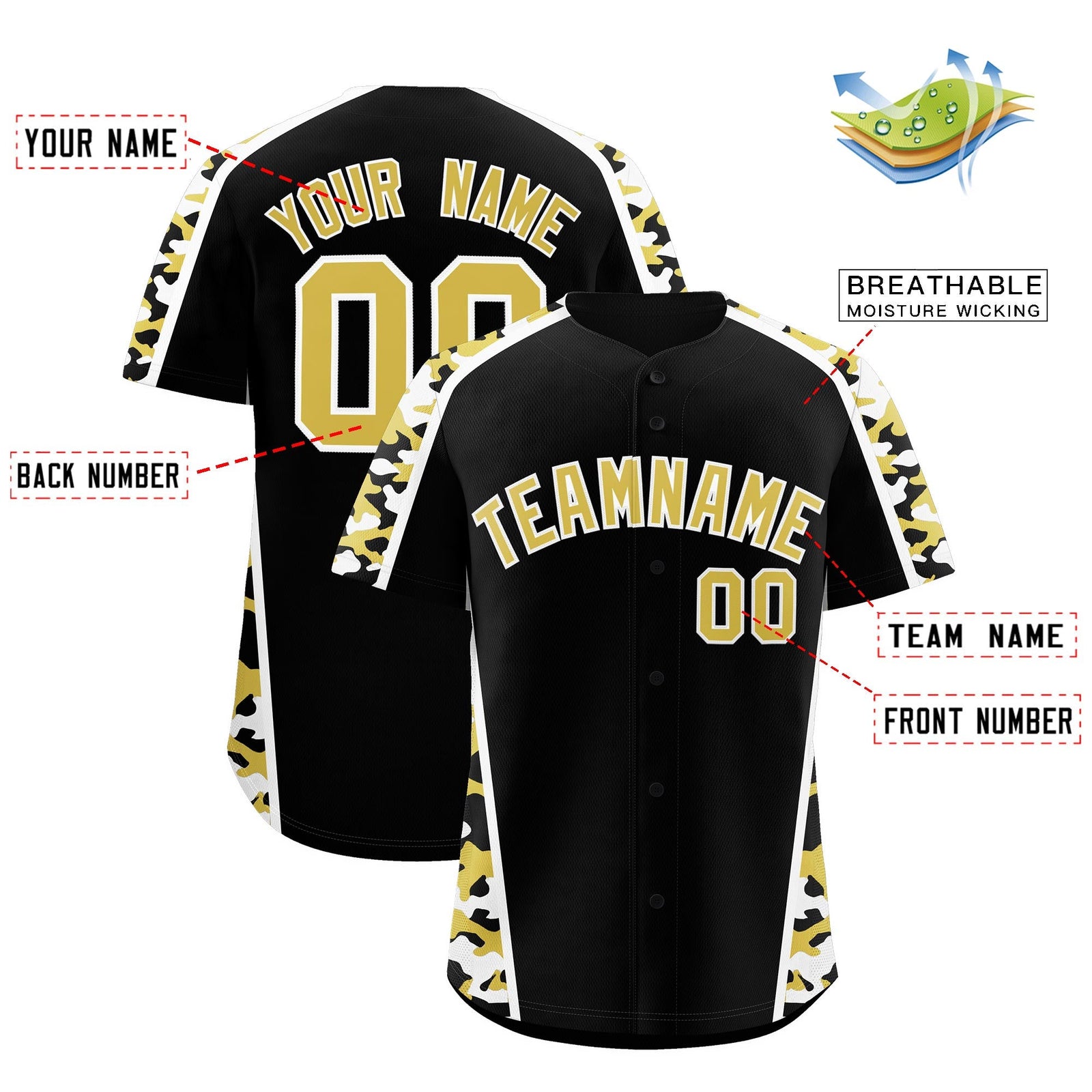 Custom Black Old Gold Side Camo Style Personalization Baseball Jersey| KXKSHOP