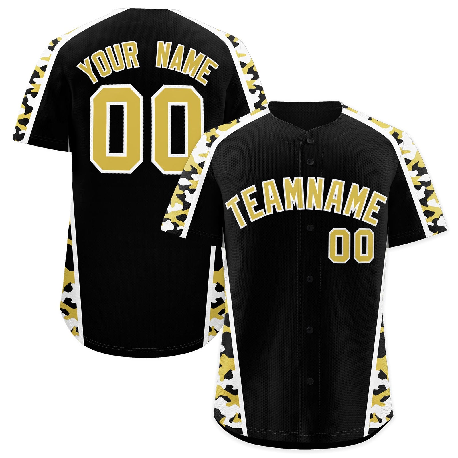 Custom Black Old Gold Side Camo Style Personalization Baseball Jersey| KXKSHOP