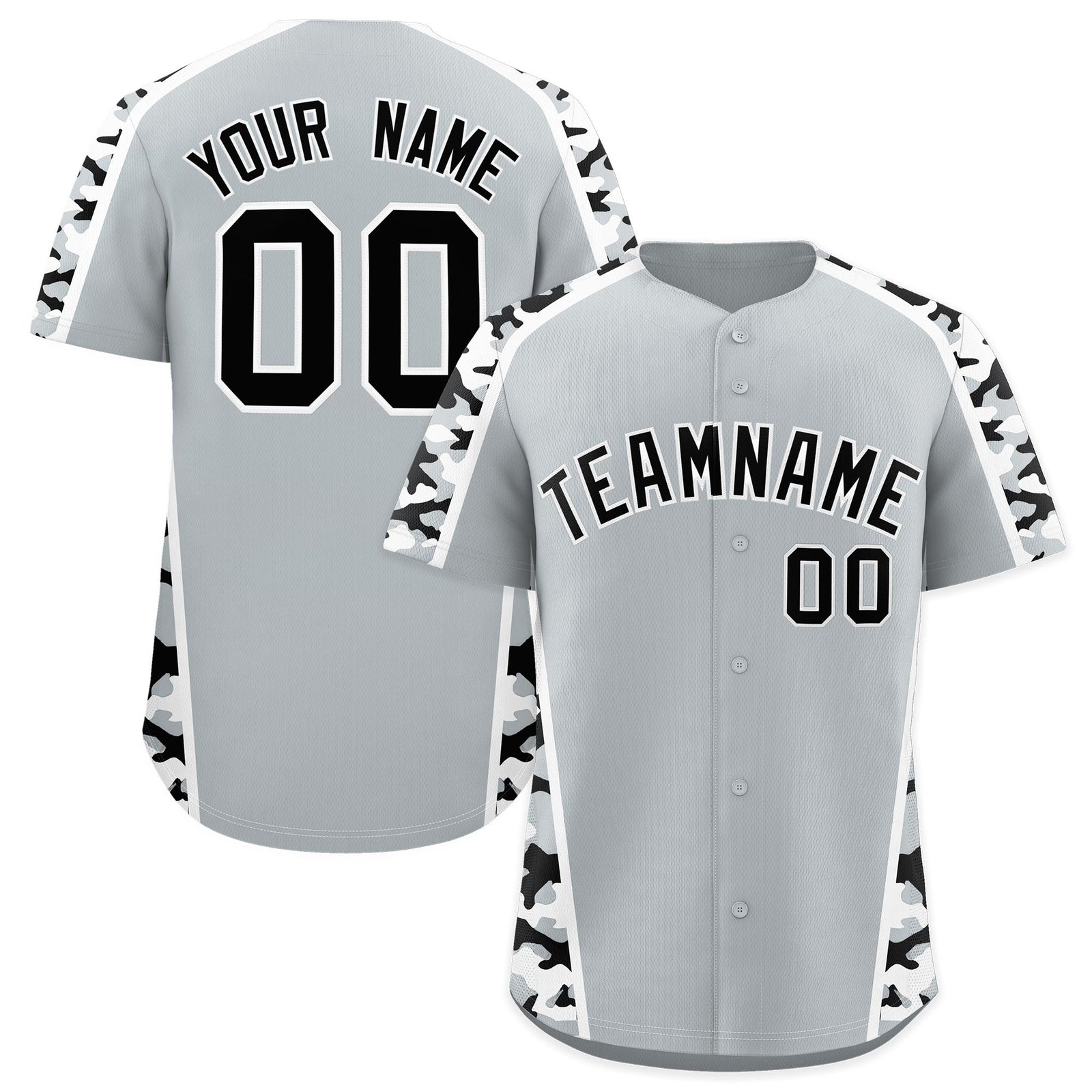 Custom Silver Black Side Camo Style Personalization Baseball Jersey| KXKSHOP
