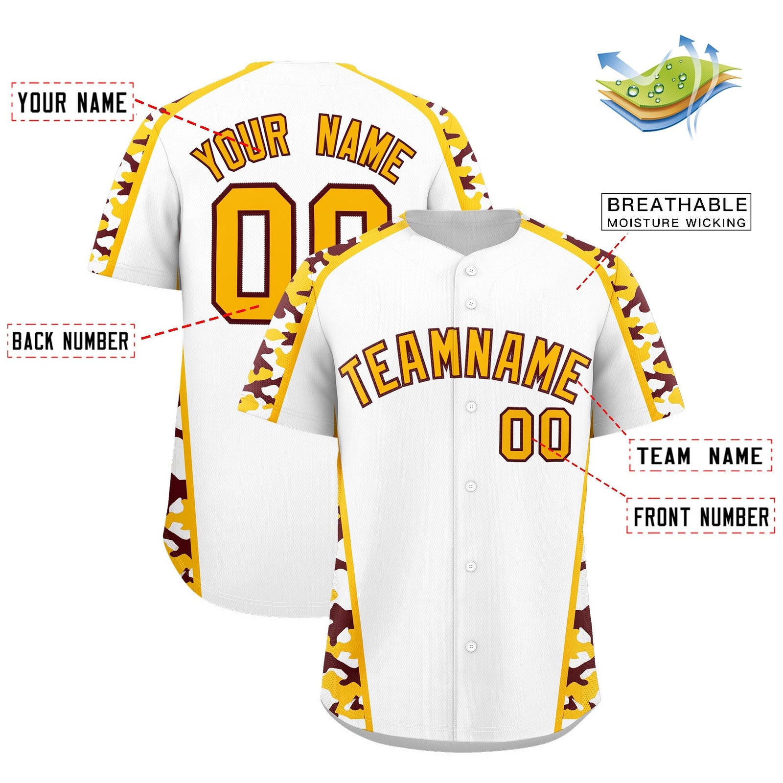 Custom White Yellow Side Camo Style Personalization Baseball Jersey| KXKSHOP