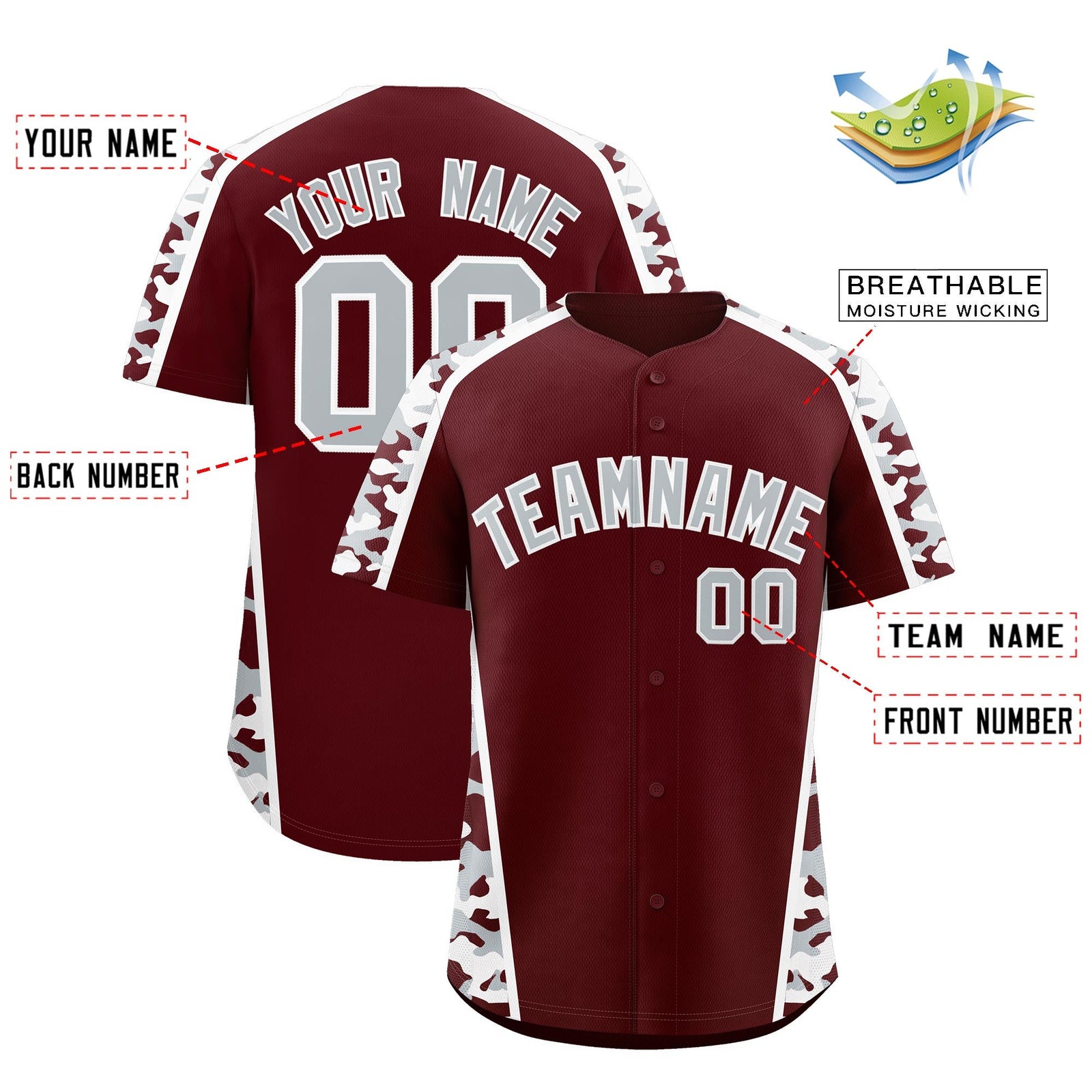 Custom Burgundy Silver Side Camo Style Personalization Baseball Jersey| KXKSHOP