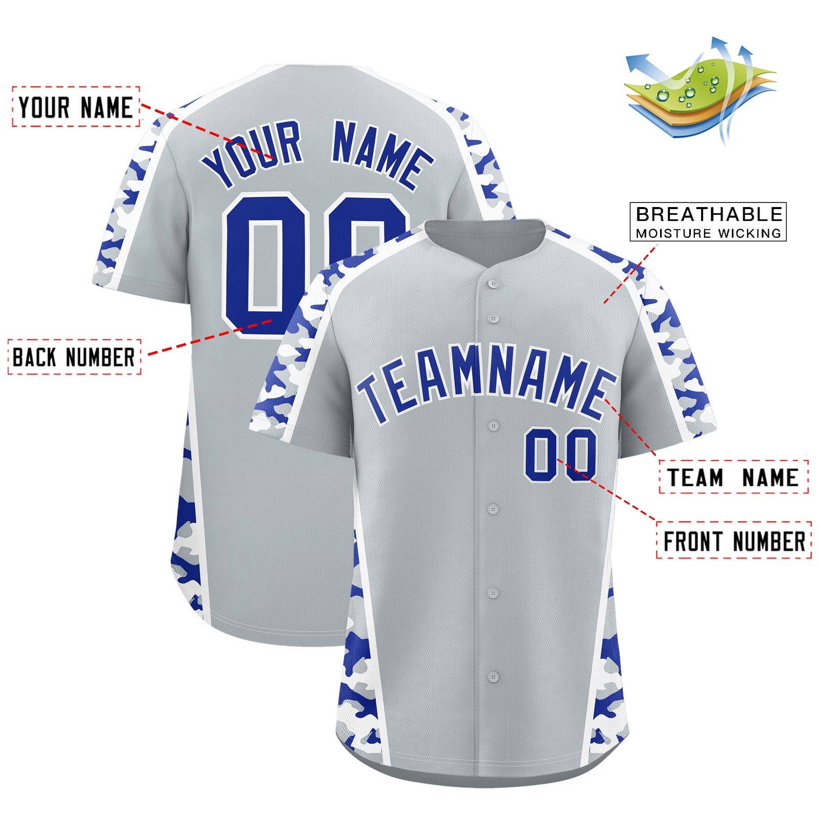 Custom Silver Royal Blue Side Camo Style Personalization Baseball Jersey| KXKSHOP