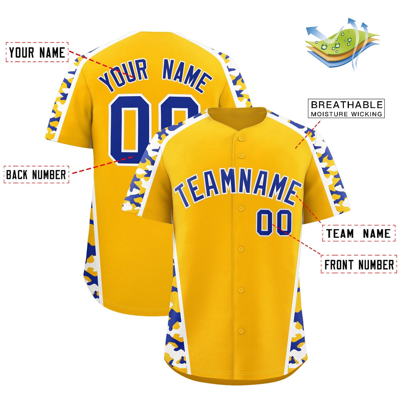 Custom Yellow Royal Blue Side Camo Style Personalization Baseball Jersey| KXKSHOP