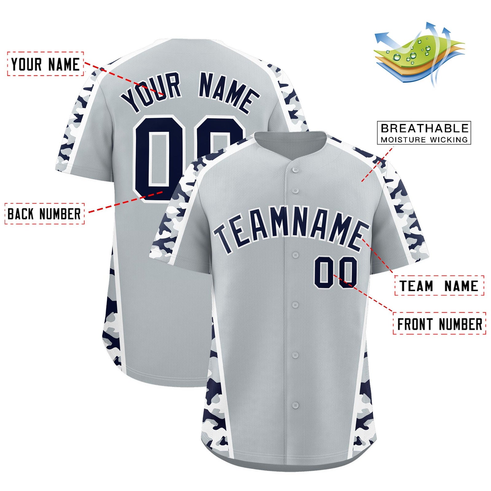 Custom Silver Navy Side Camo Style Personalization Baseball Jersey| KXKSHOP