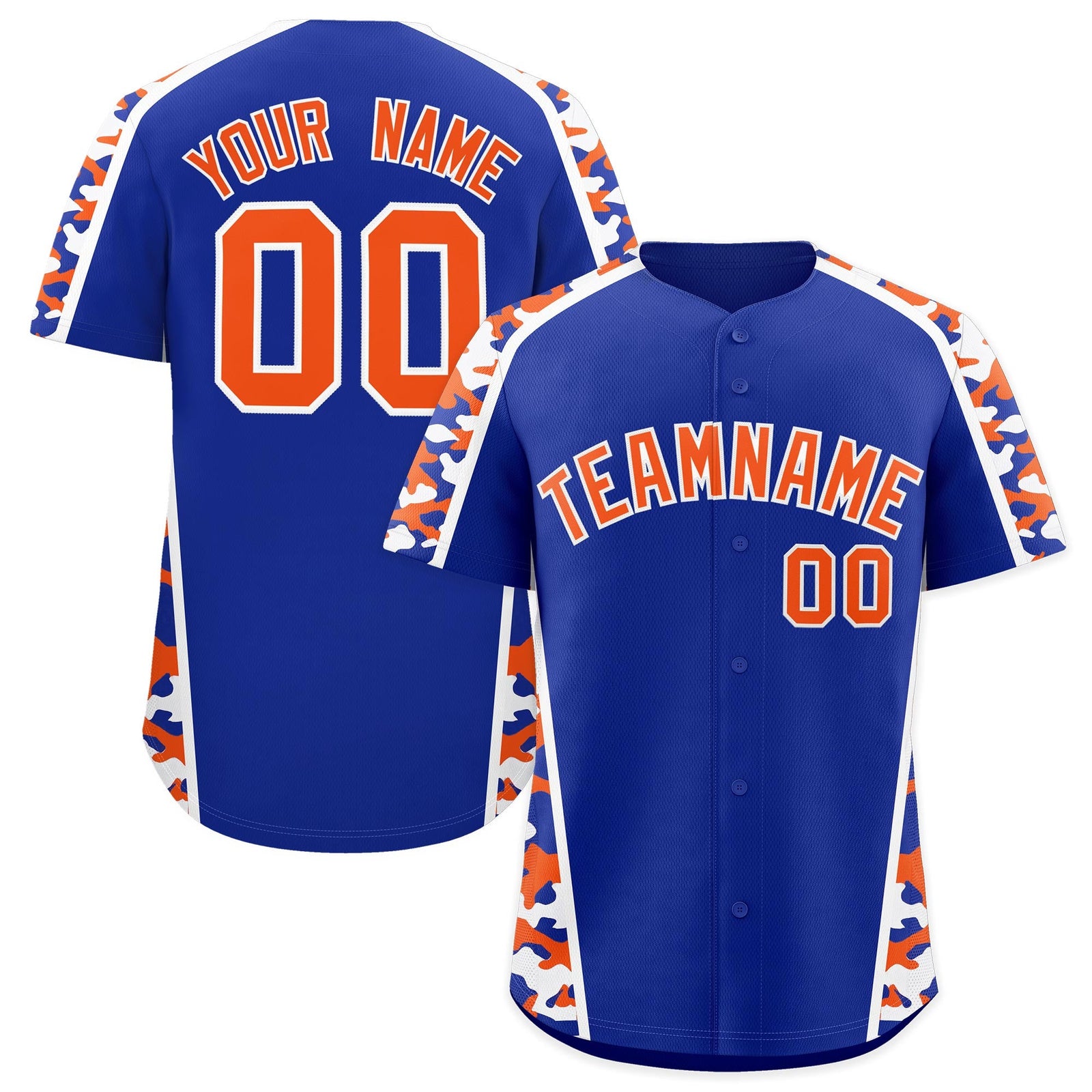 Custom Royal Blue Orange Side Camo Style Personalization Baseball Jersey| KXKSHOP