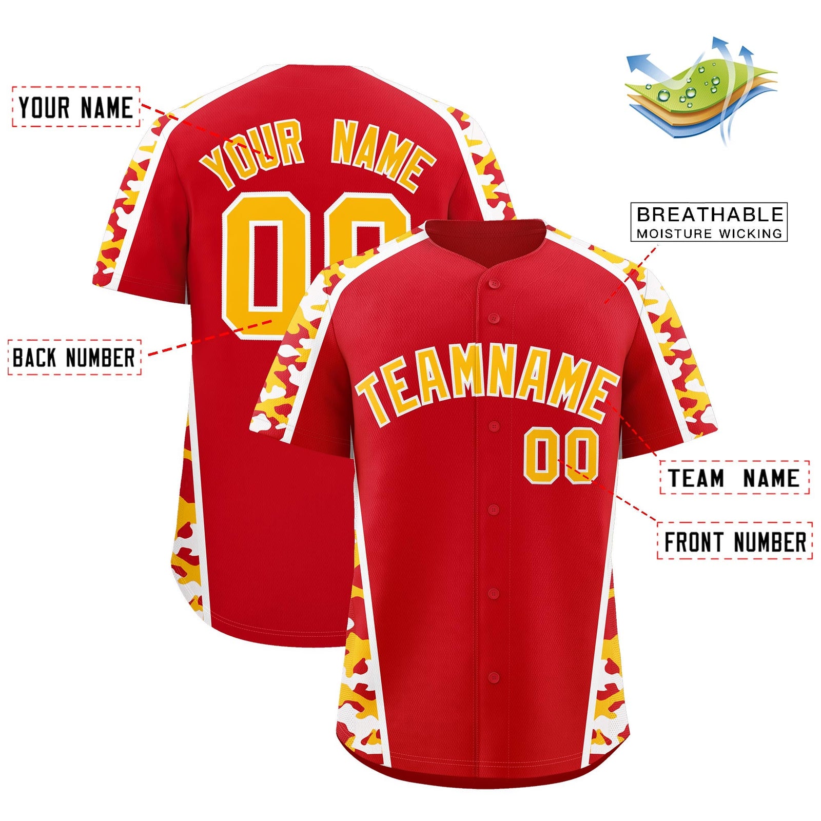 Custom Red Yellow Side Camo Style Personalization Baseball Jersey| KXKSHOP