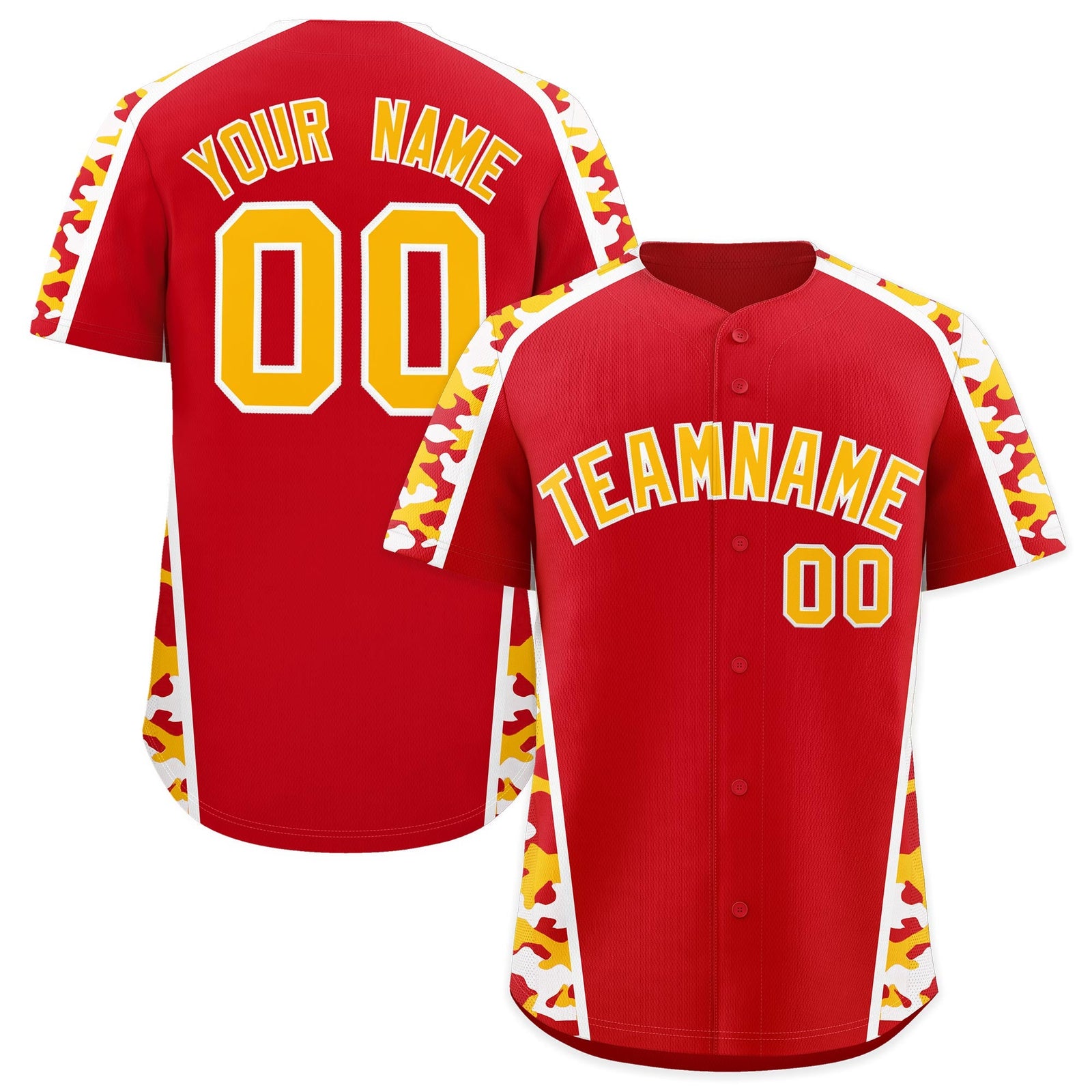 Custom Red Yellow Side Camo Style Personalization Baseball Jersey| KXKSHOP