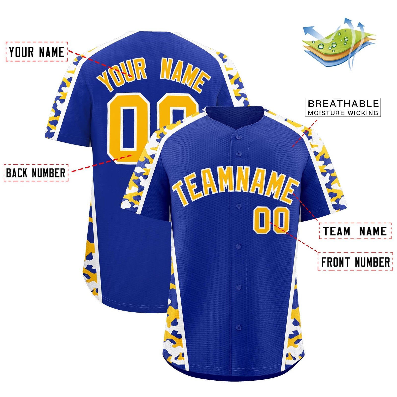 Custom Royal Blue Yellow Side Camo Style Personalization Baseball Jersey| KXKSHOP