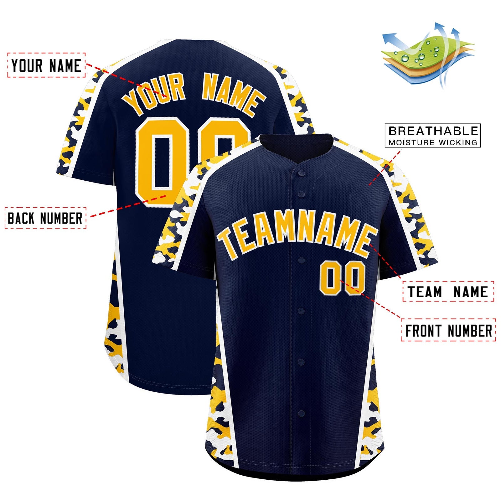Custom Navy Yellow Side Camo Style Personalization Baseball Jersey| KXKSHOP
