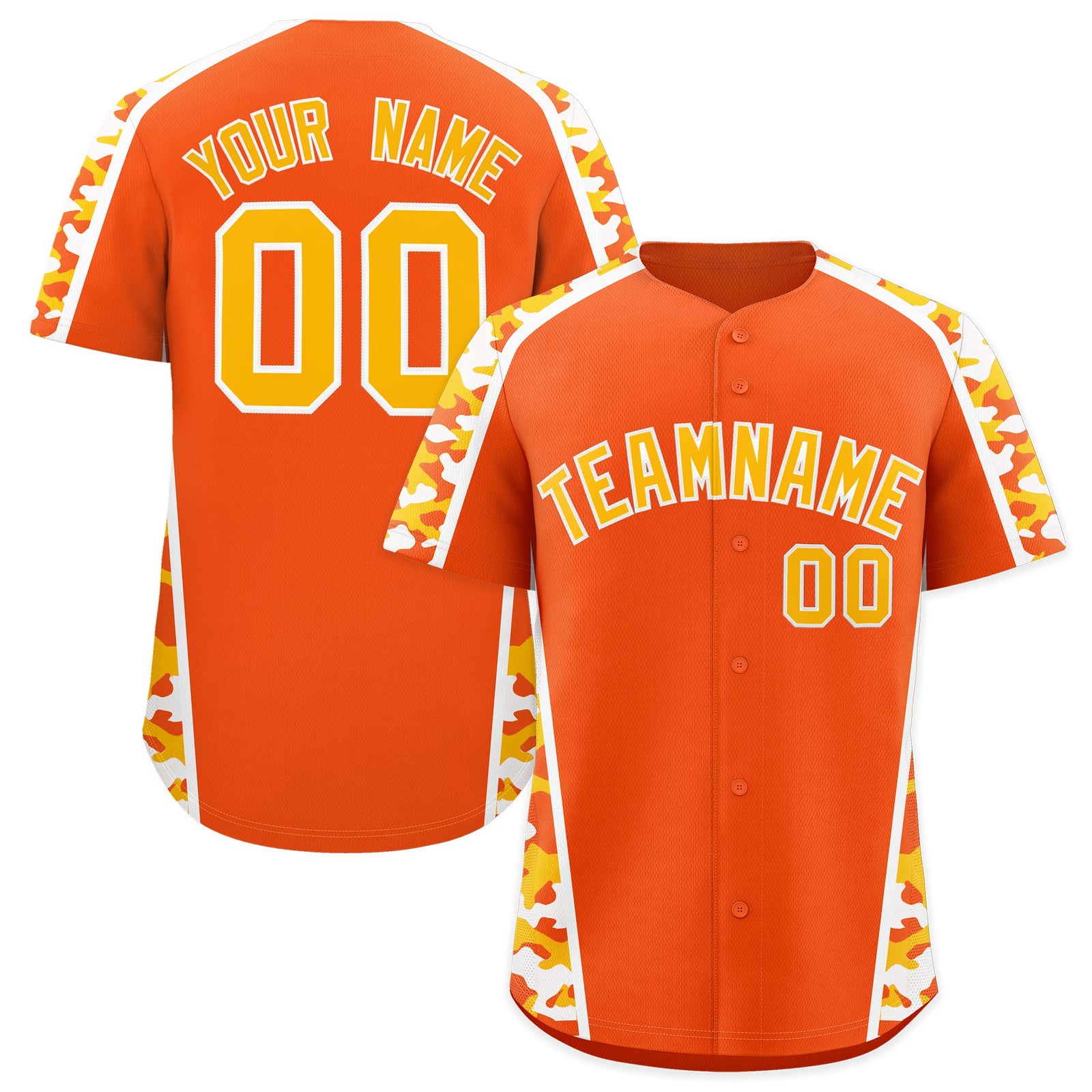 Custom Orange Yellow Side Camo Style Personalization Baseball Jersey| KXKSHOP