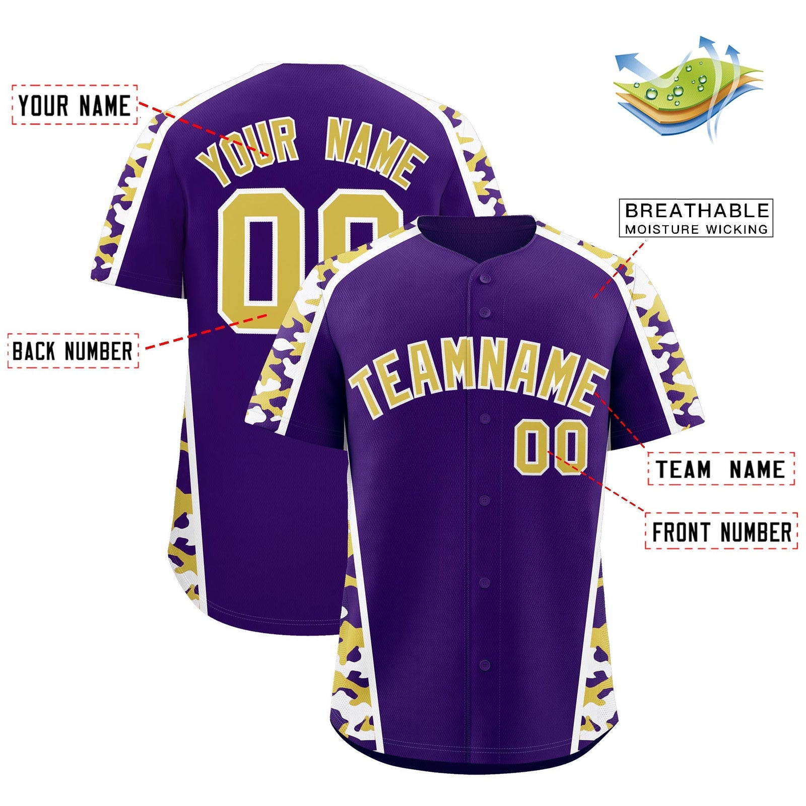 Custom Purple Old Gold Side Camo Style Personalization Baseball Jersey| KXKSHOP